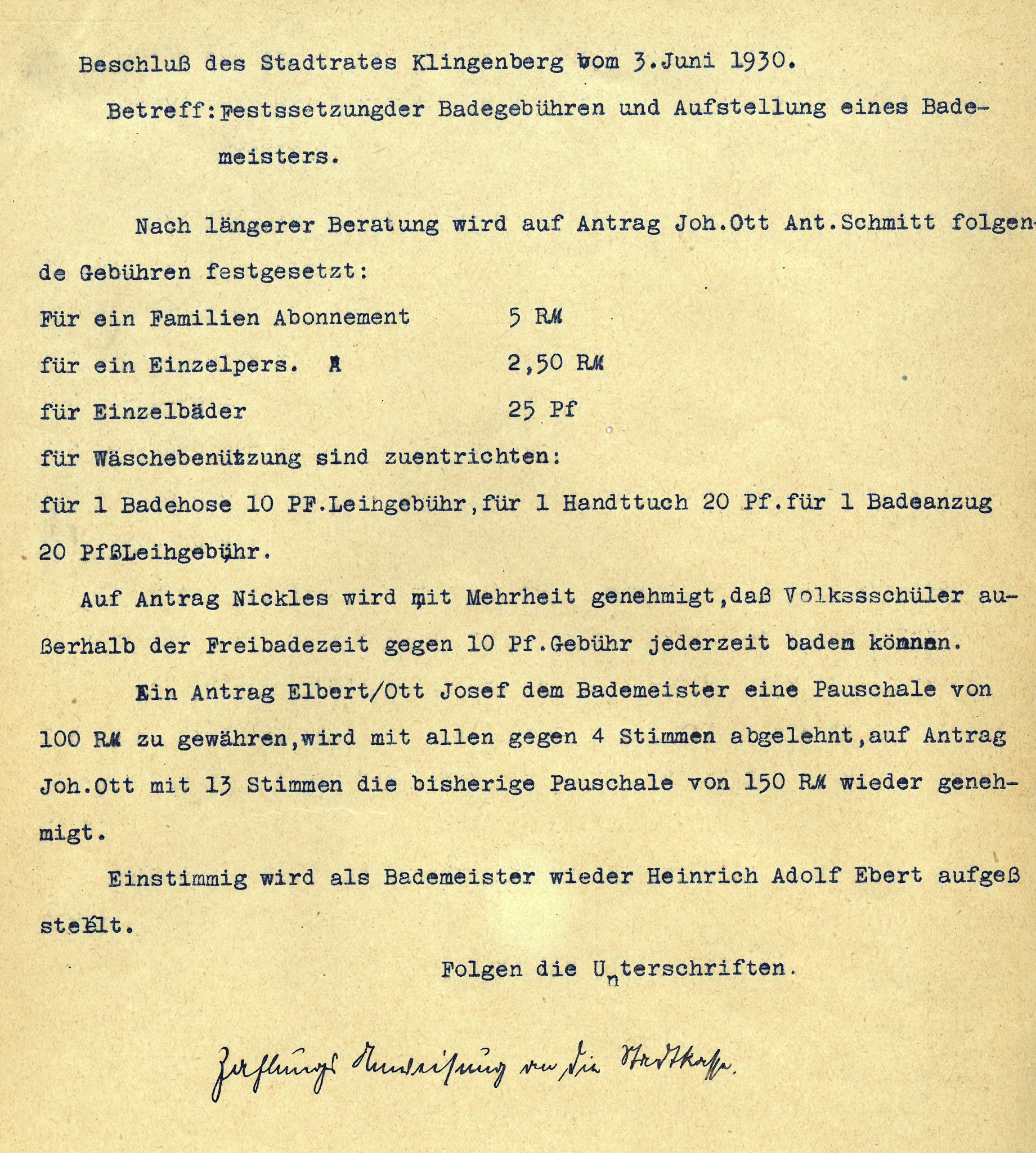 Festsetzung der Badegebühren 1932