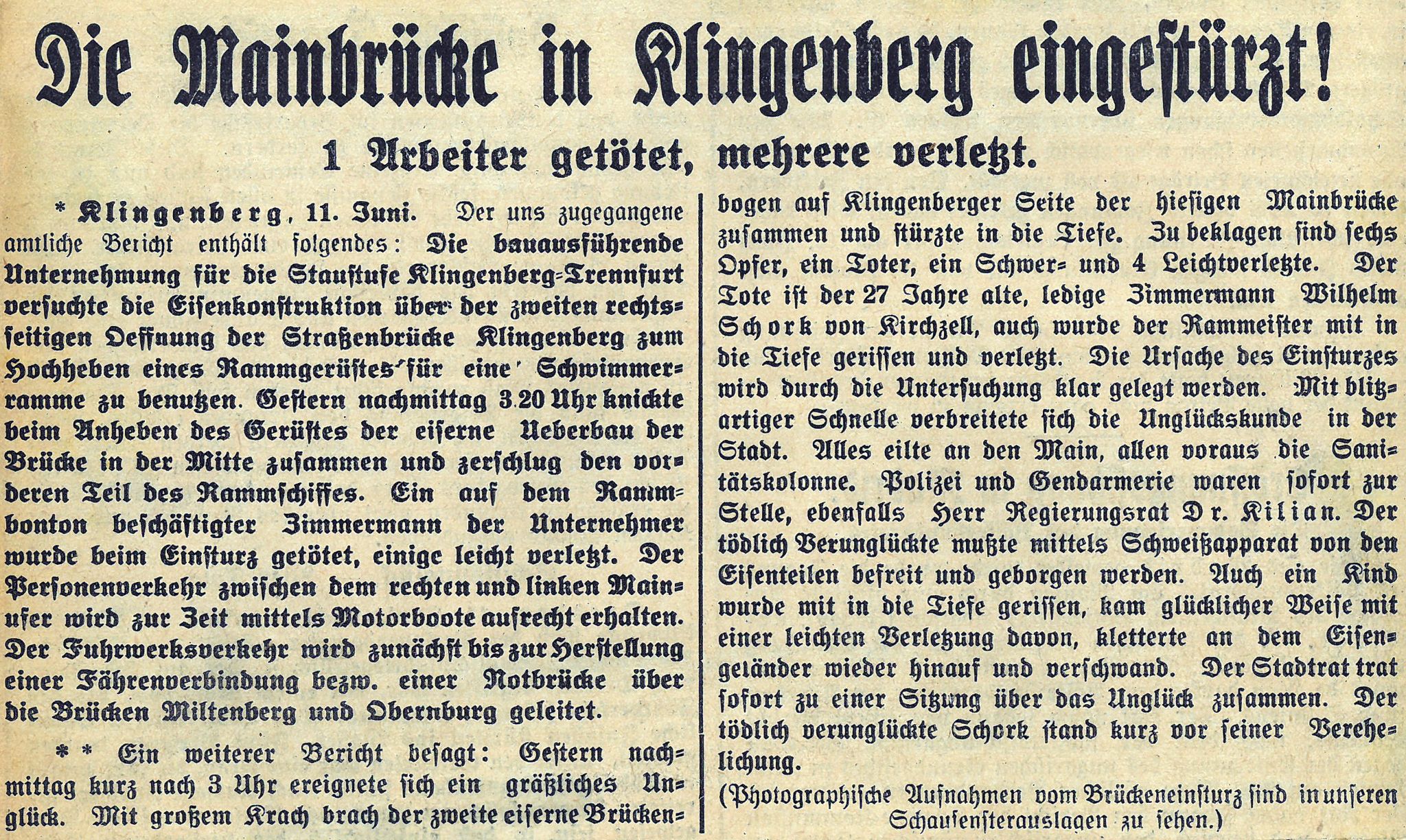 Zeitungsartikel zum Brückeneinsturz 1929