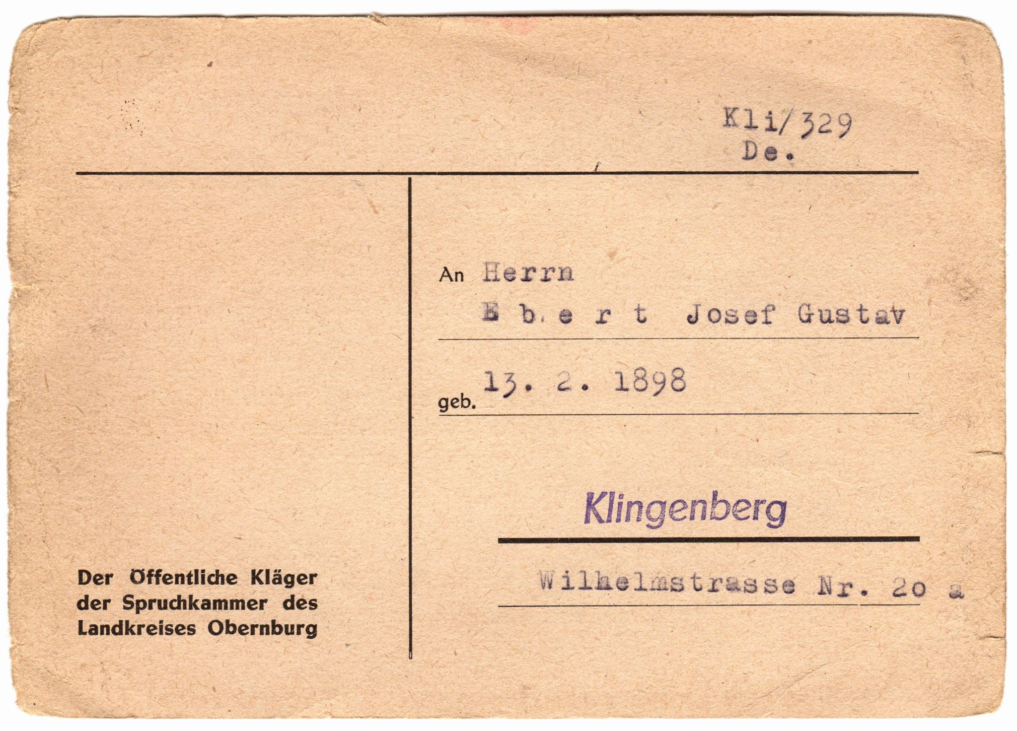 Mitteilung der Spruchkammer an Josef Ebert