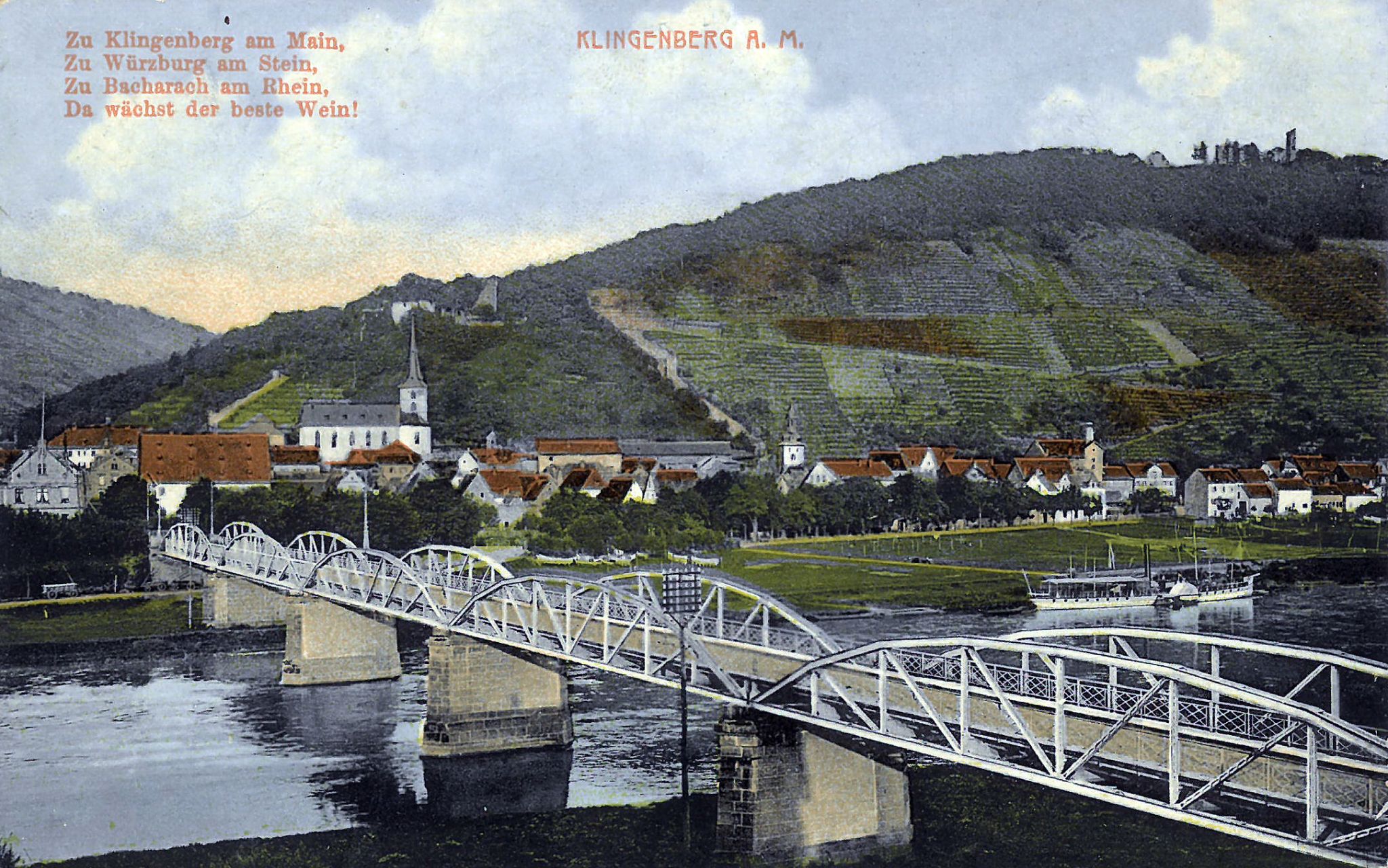 Mainufer mit Brücke und Raddampfer um 1900