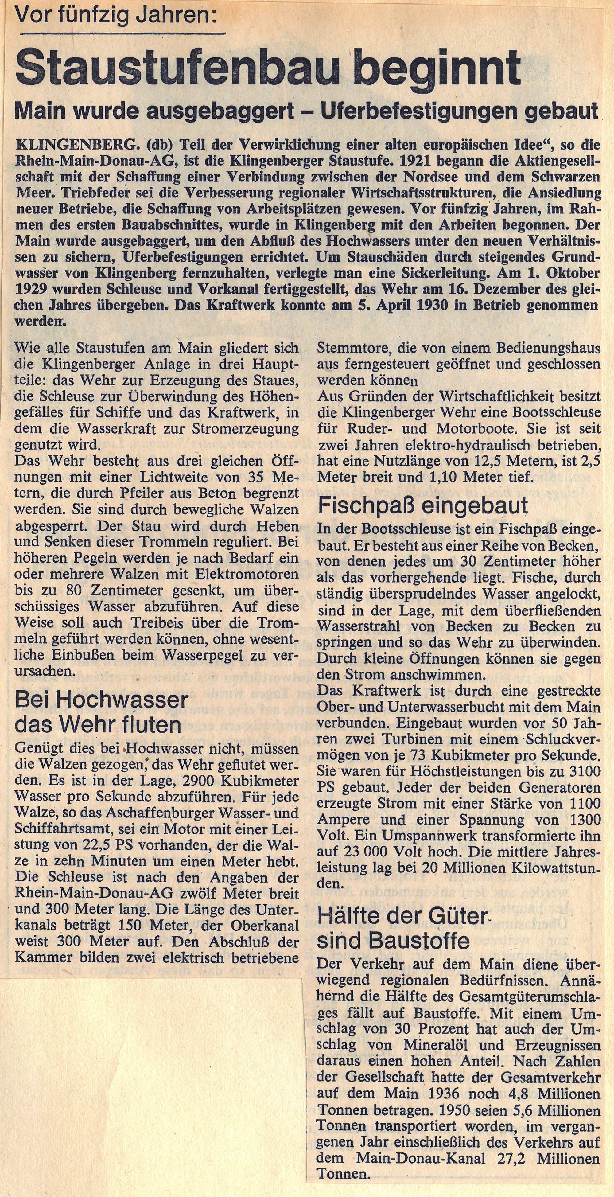 Zeitungsbericht zum Staustufenbau vor 50 Jahren