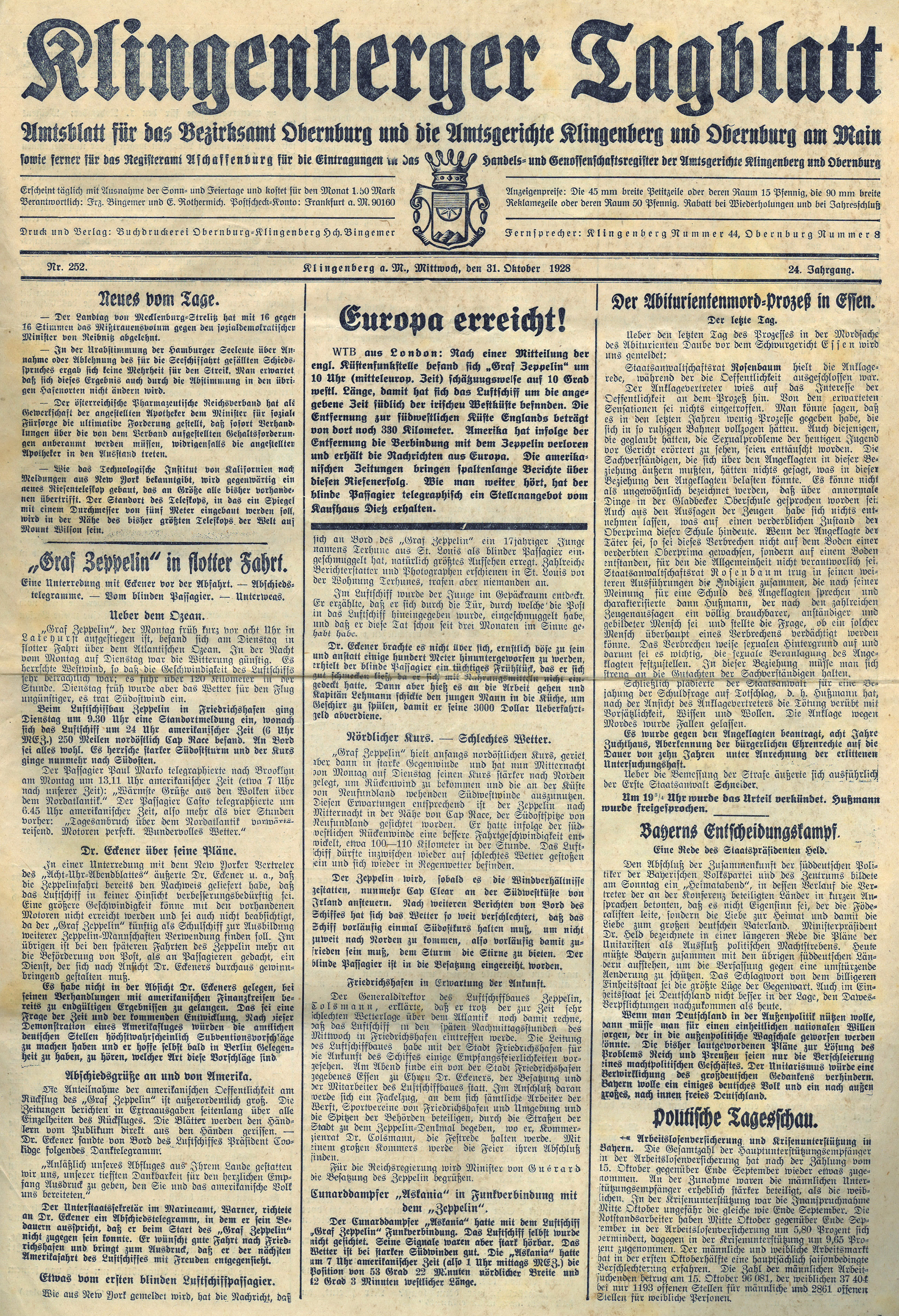 Titelseite vom "Klingenberger Tagblatt" vom 31.10.1928