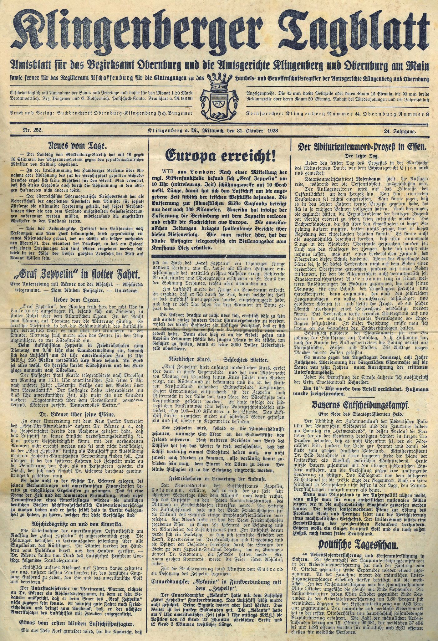 Titelseite vom "Klingenberger Tagblatt" vom 31.10.1928