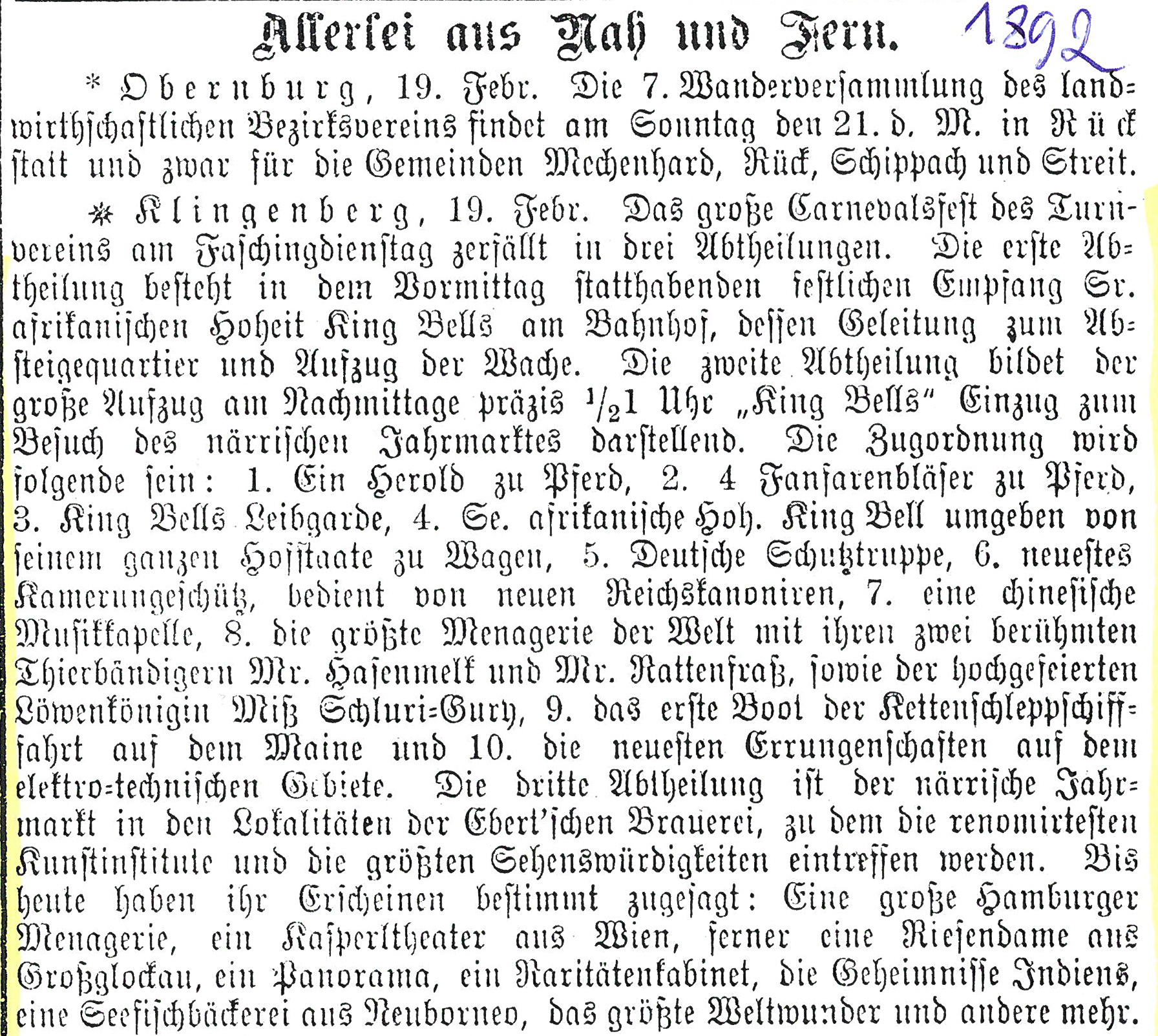 Zeitungbericht zum Carnevalsfest des Turnvereins 1892