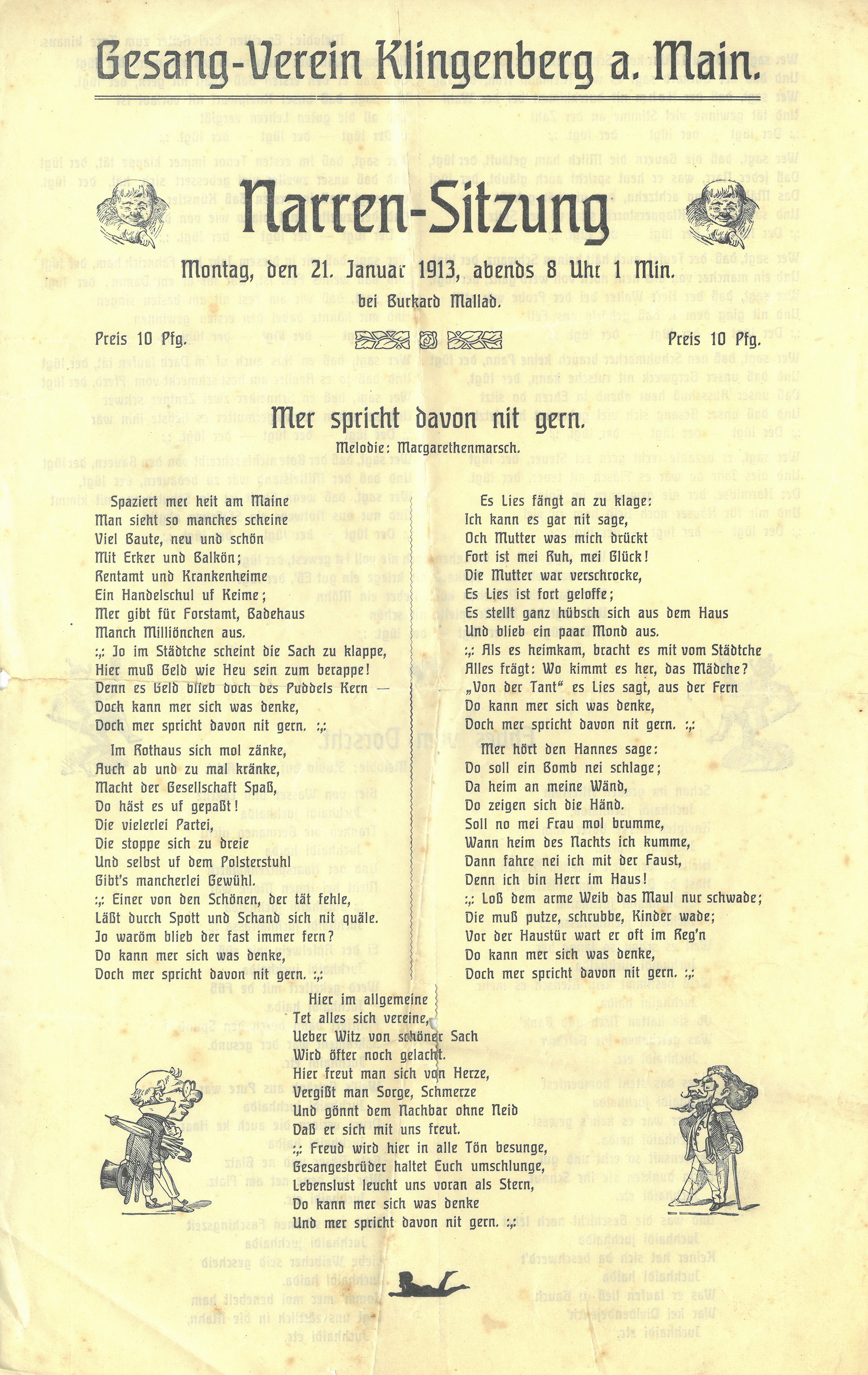 Liedblatt zur Narrensitzung des Gesangvereins Klingenberg im Burkarder Hof 1913