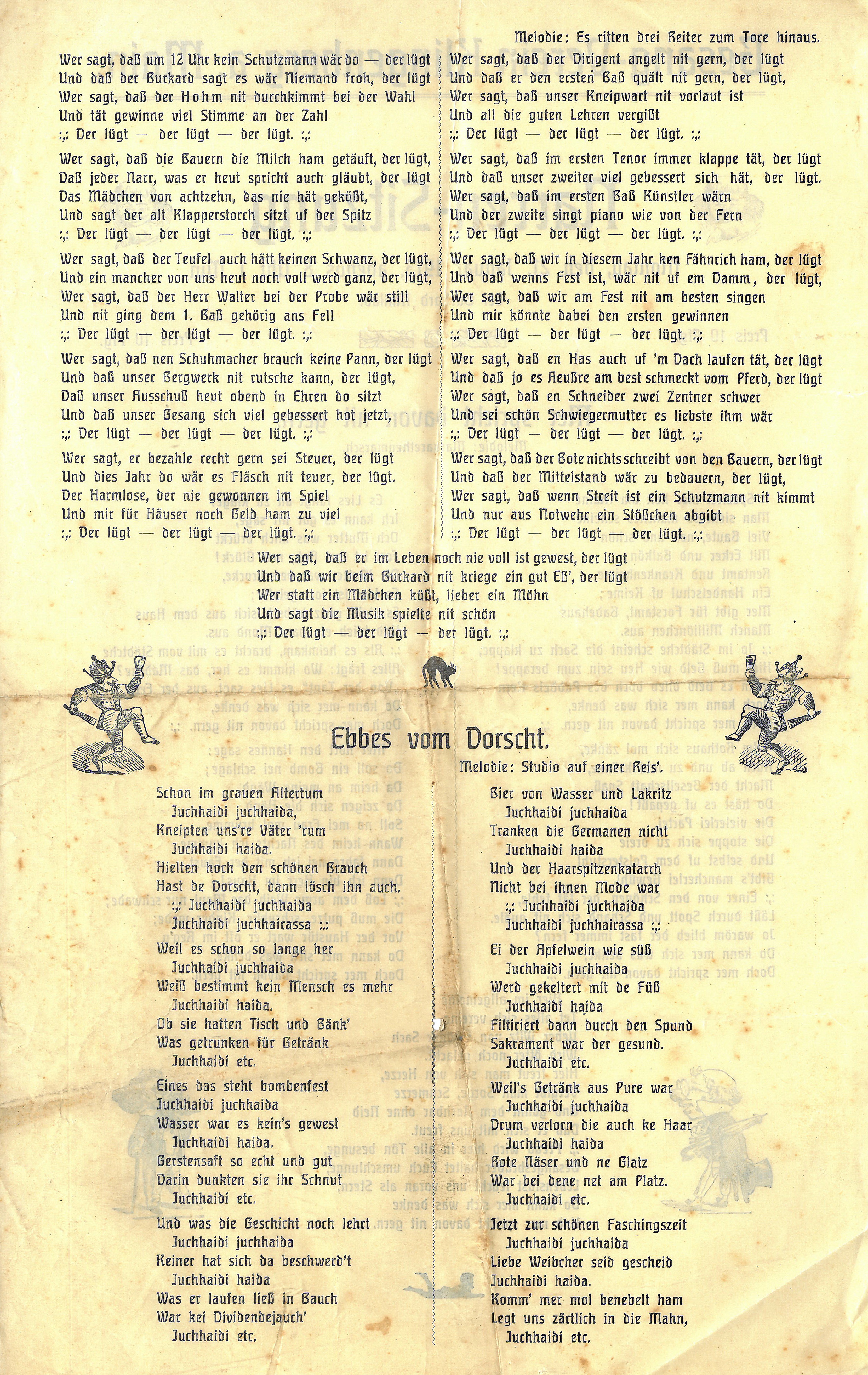 Liedblatt zur Narrensitzung des Gesangvereins Klingenberg im Burkarder Hof 1913