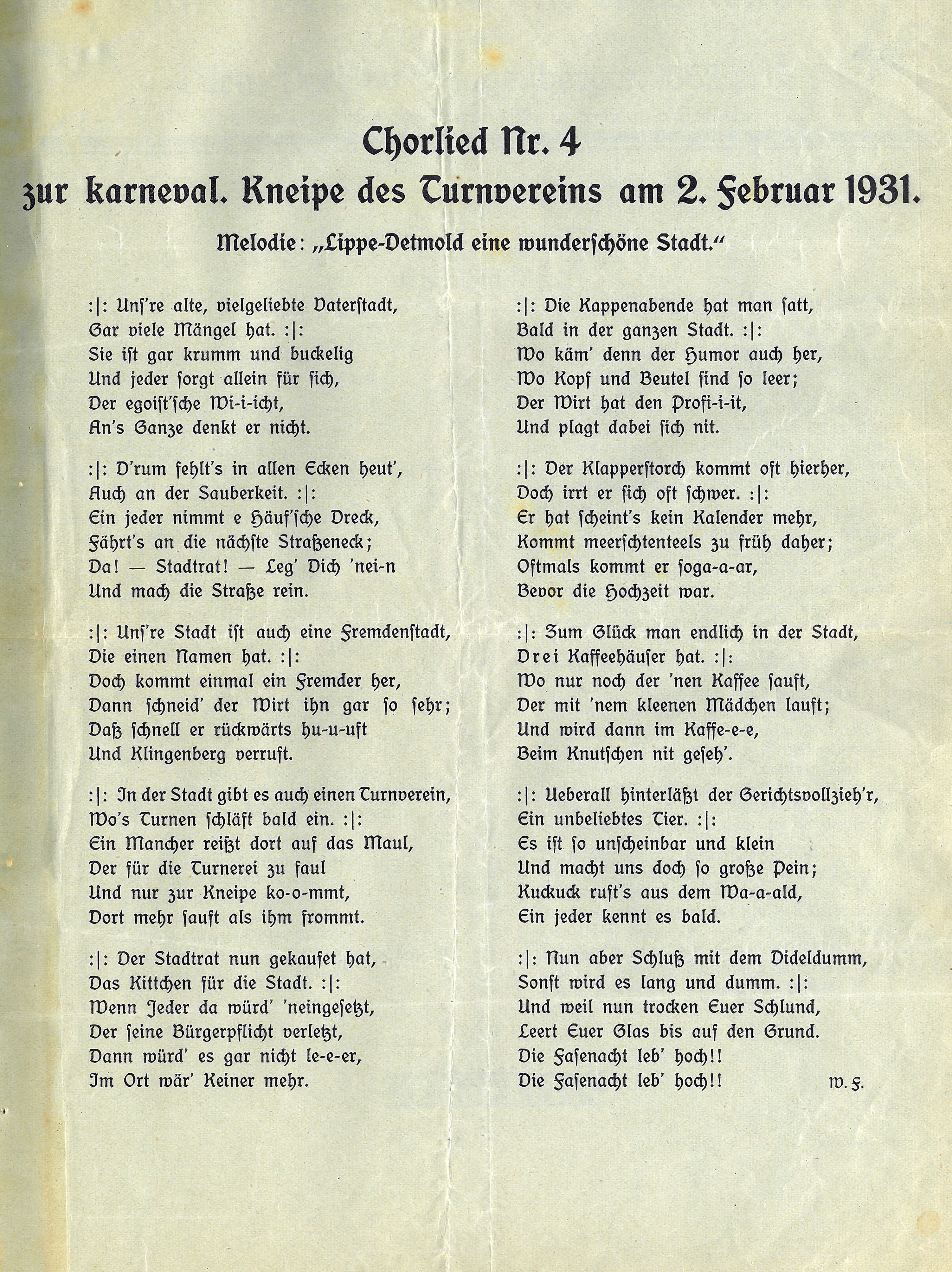 Lied zur karnevalistischen Sitzung des Turnvereins 1931