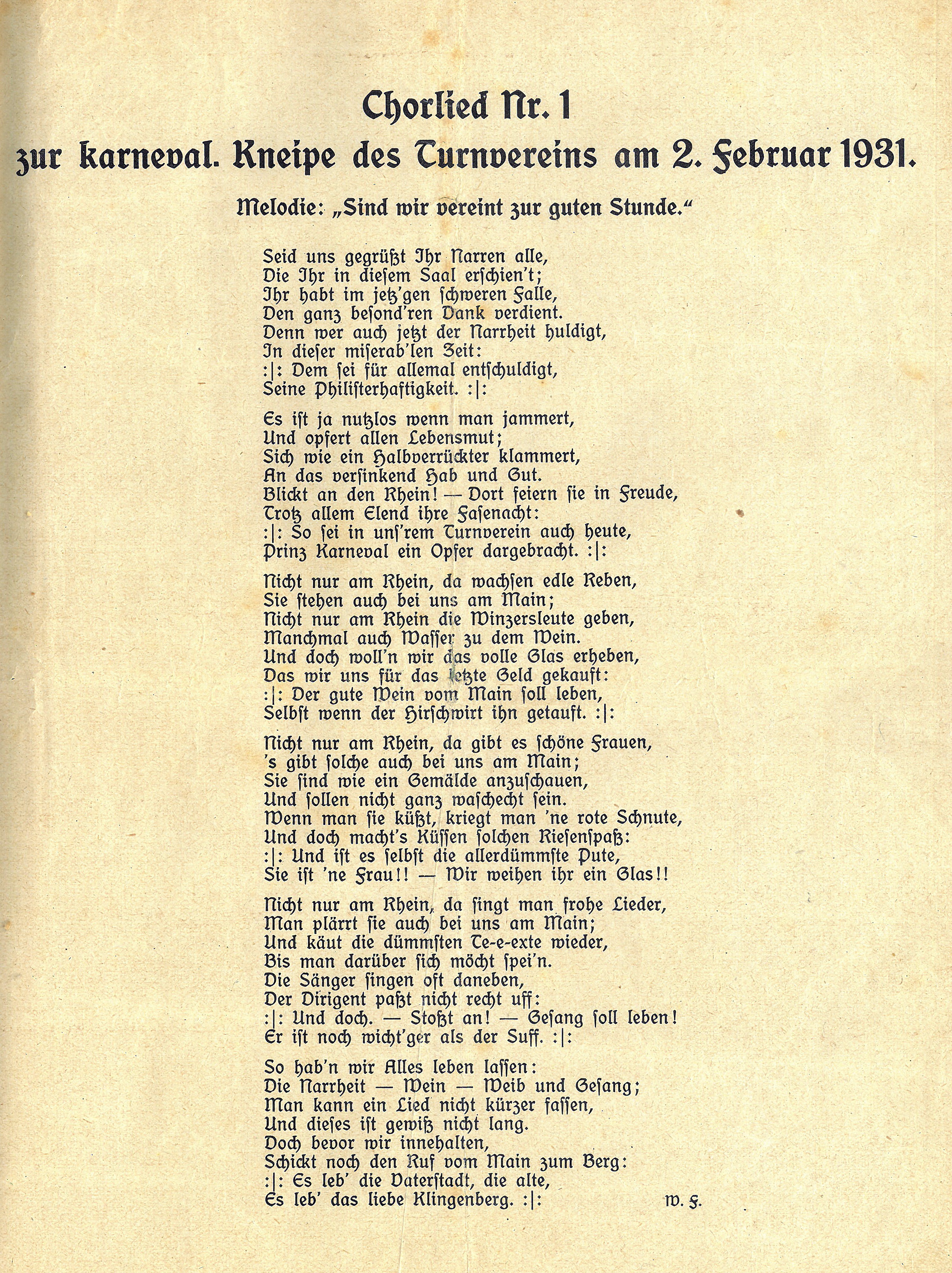 Lied zur karnevalistischen Sitzung des Turnvereins 1931