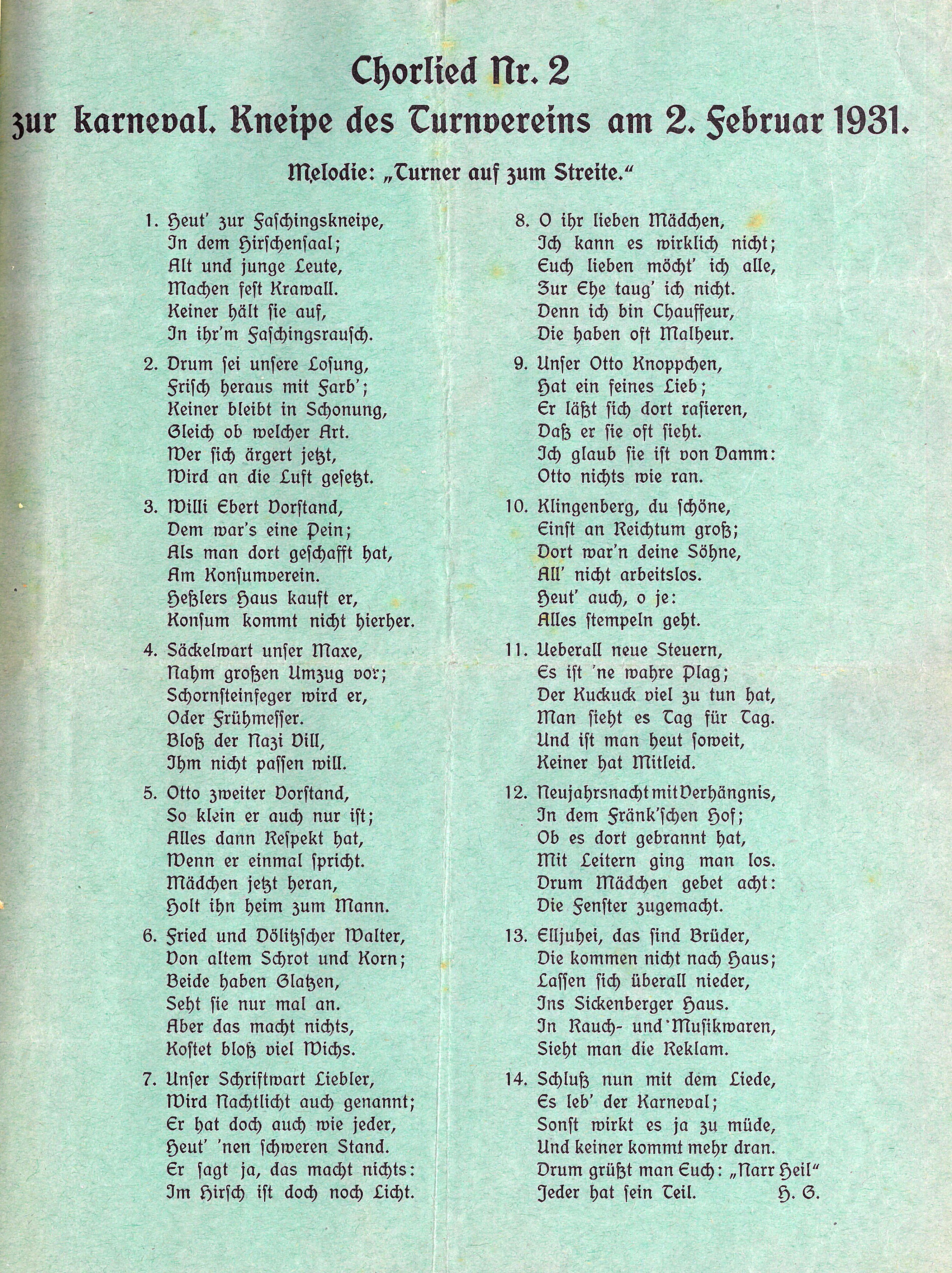 Lied zur karnevalistischen Sitzung des Turnvereins 1931