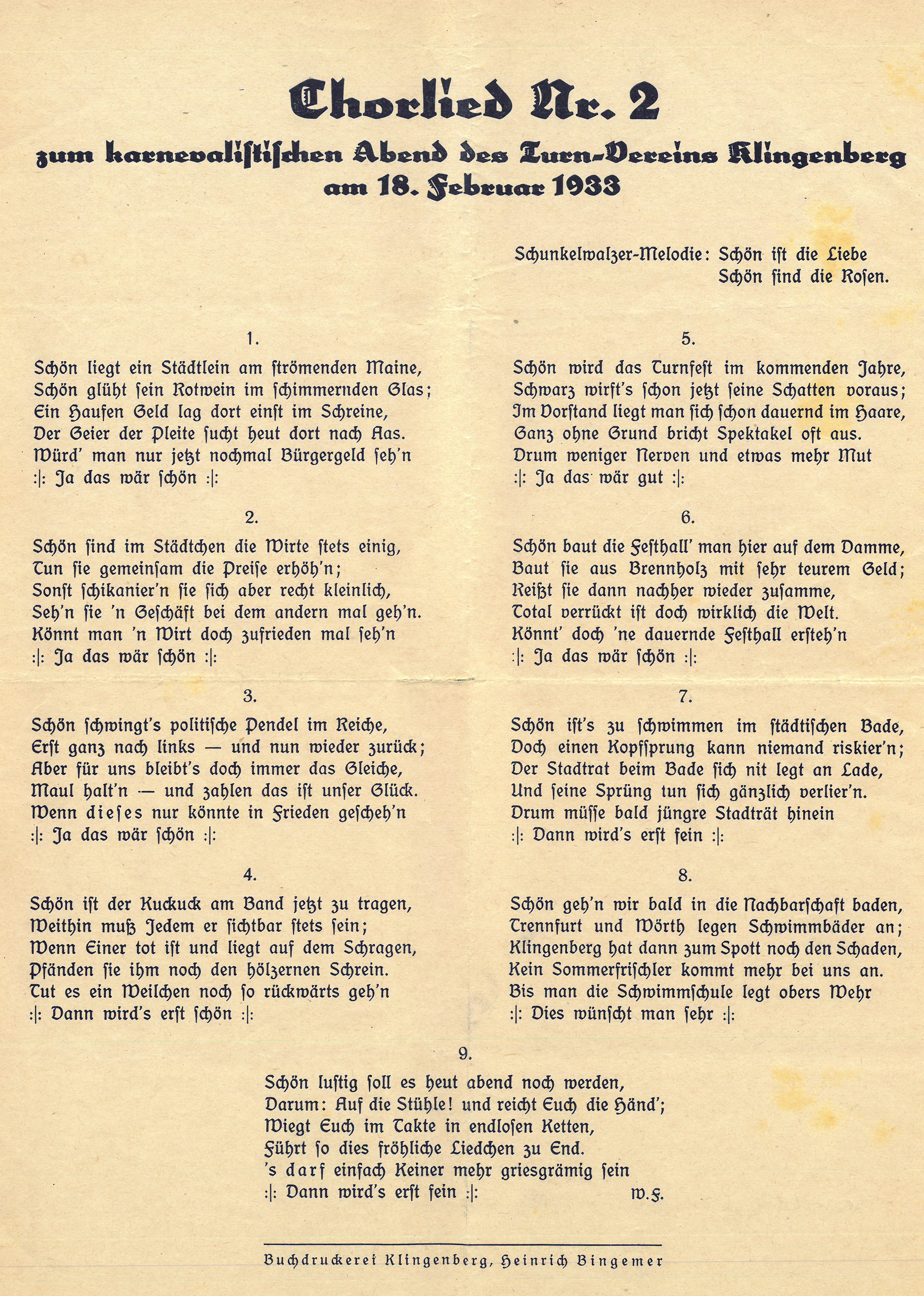 Chorlied zum karnevalistischen Abend des Turnvereins 1933