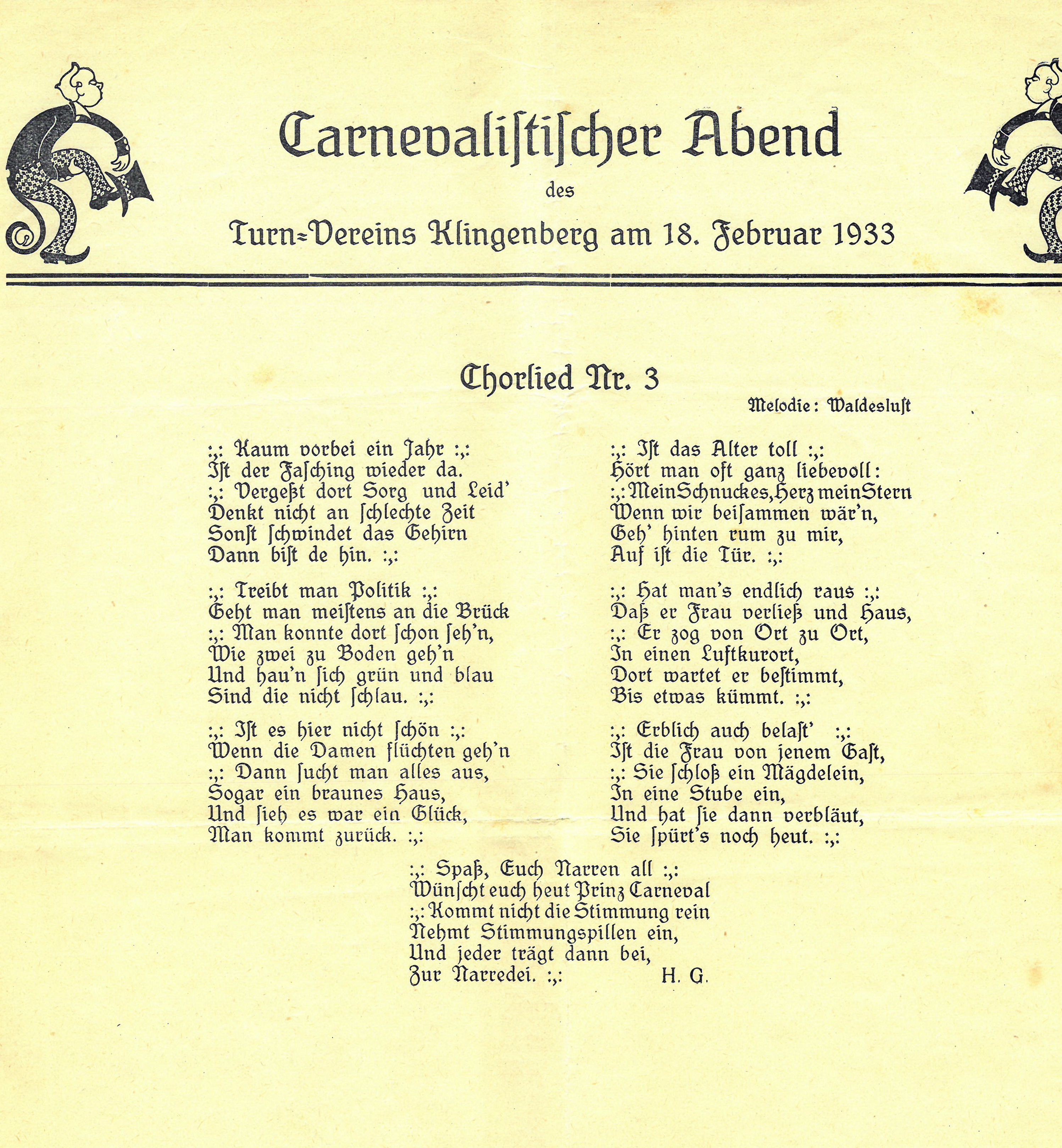 Chorlied zum karnevalistischen Abend des Turnvereins 1933
