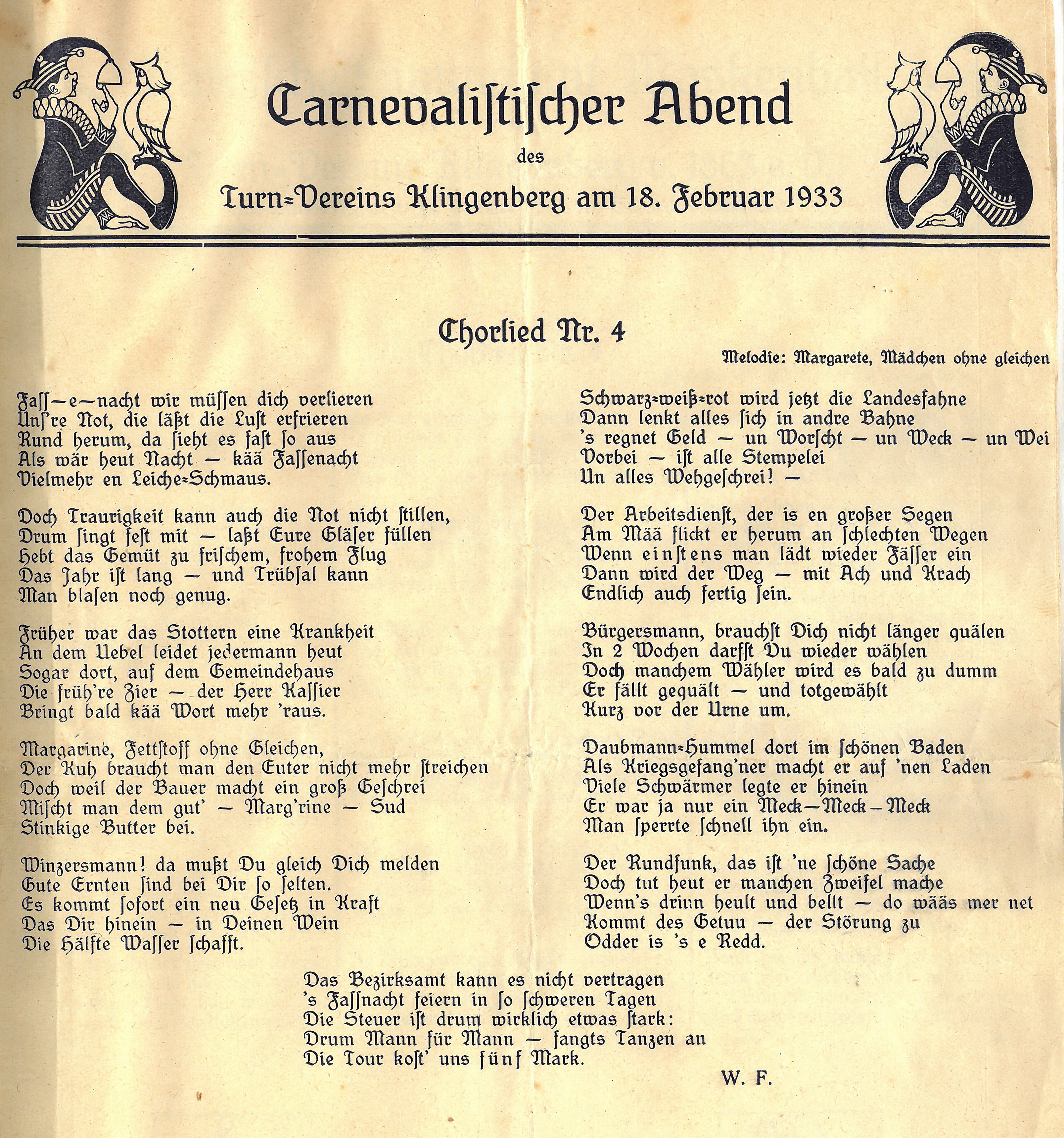 Chorlied zum karnevalistischen Abend des Turnvereins 1933