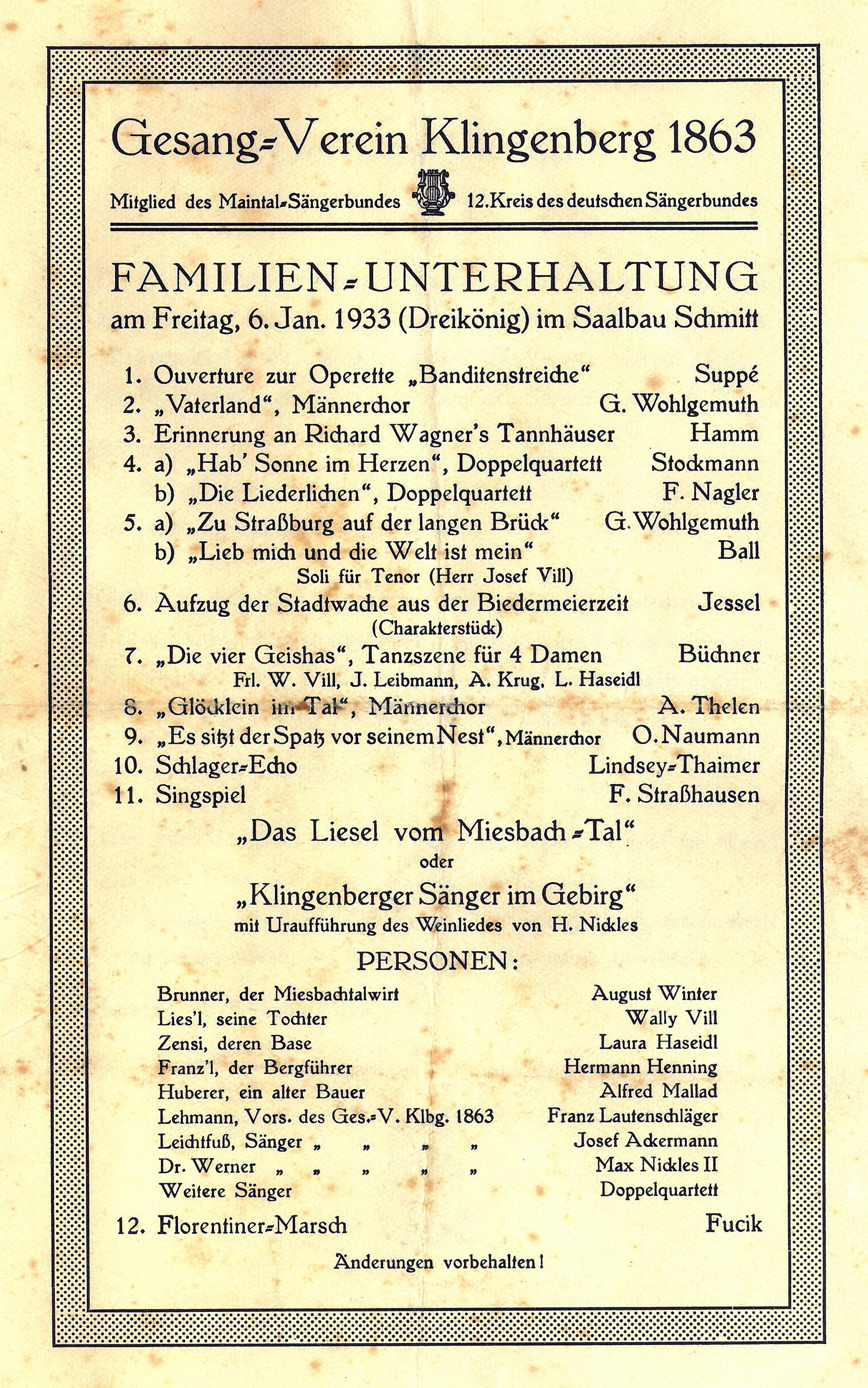 Programm zur Familienunterhaltung 1933 im Saalbau Schmitt