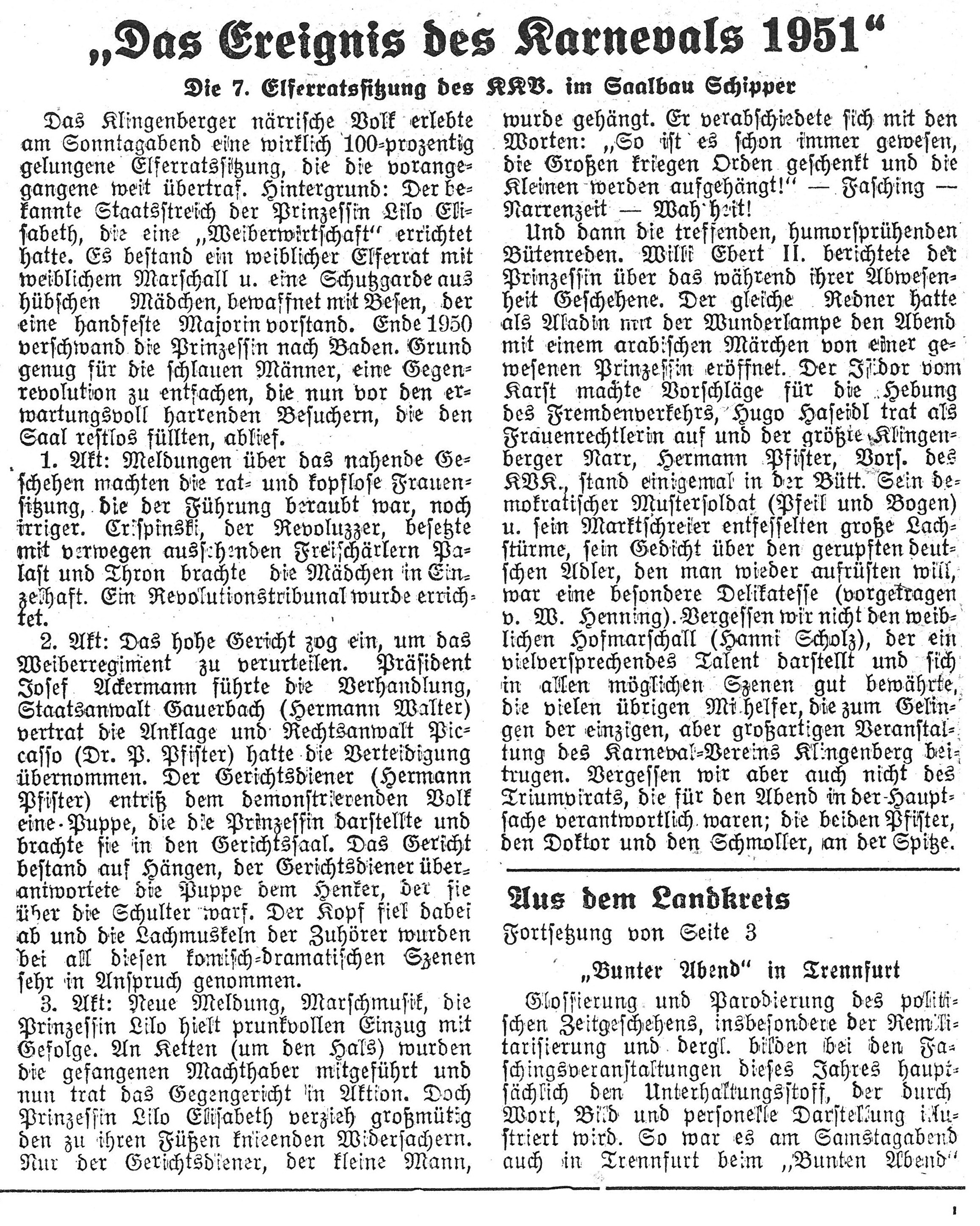 Zeitungsbericht zur Elferratssitzung 1951 im Saalbau Schipper