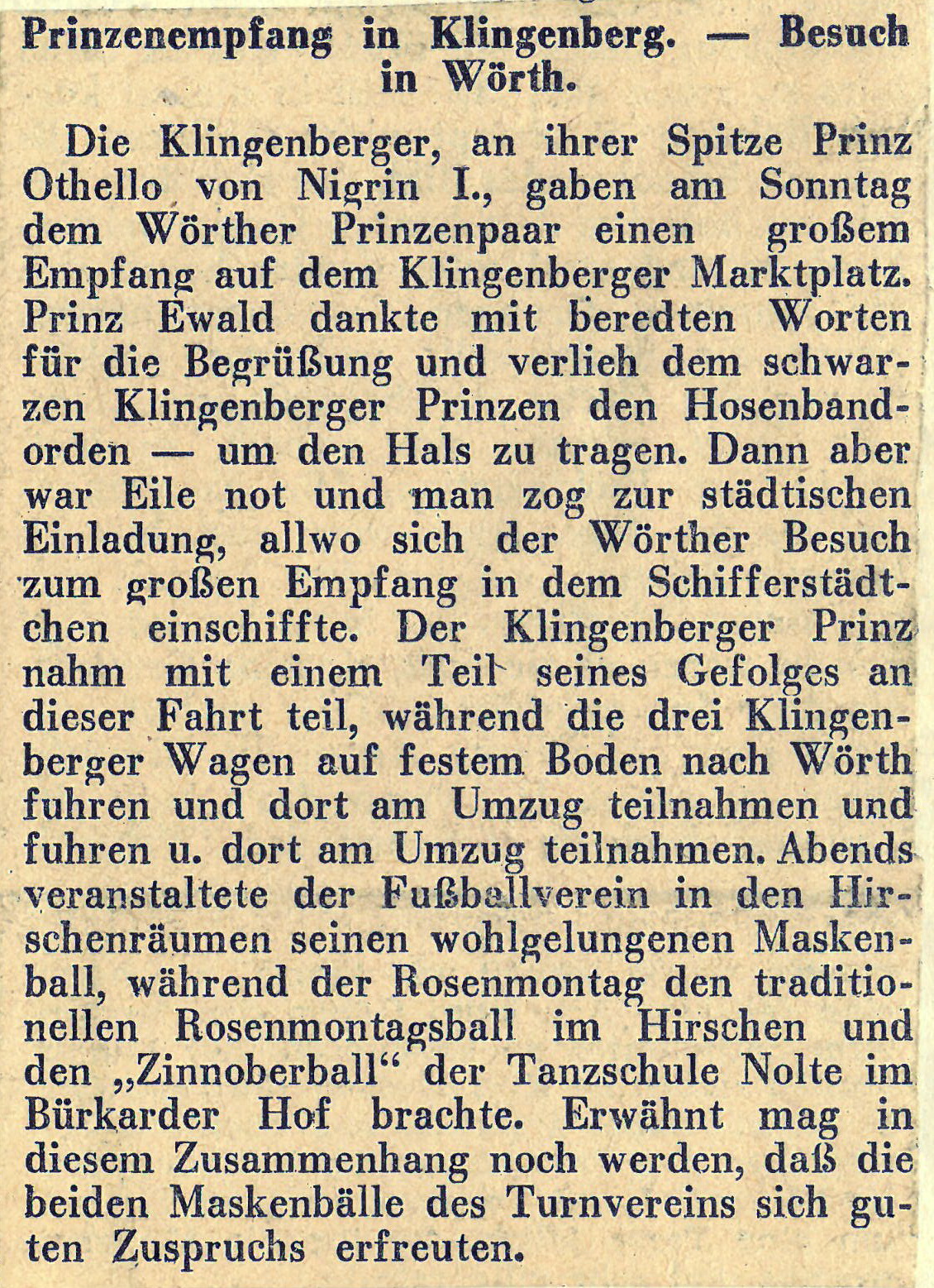 Zeitungsbericht zum Prinzenempfang 1951