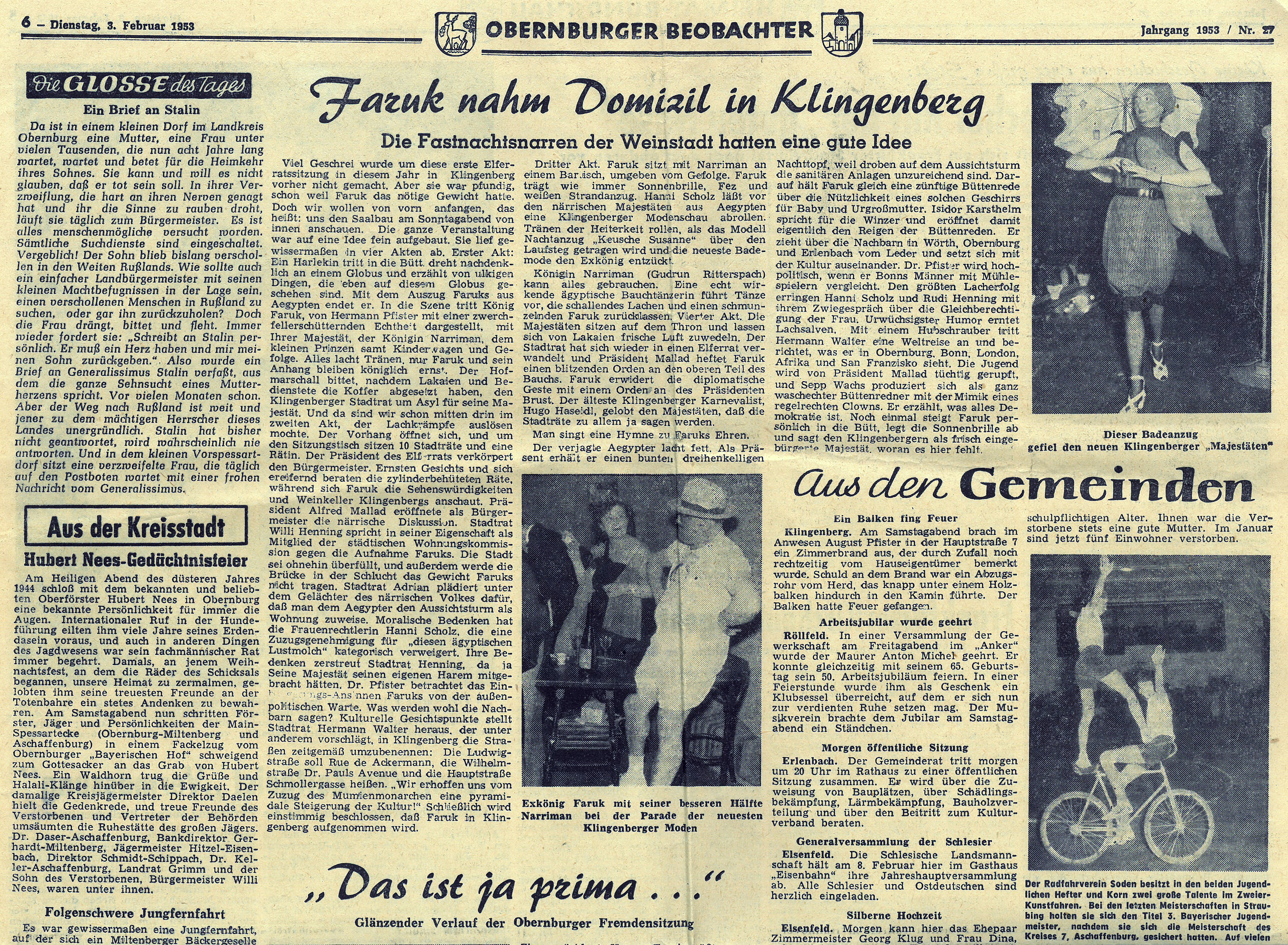 Zeitungsartikel zu "König Faruk von Ägypten bittet um Asyl" 1952