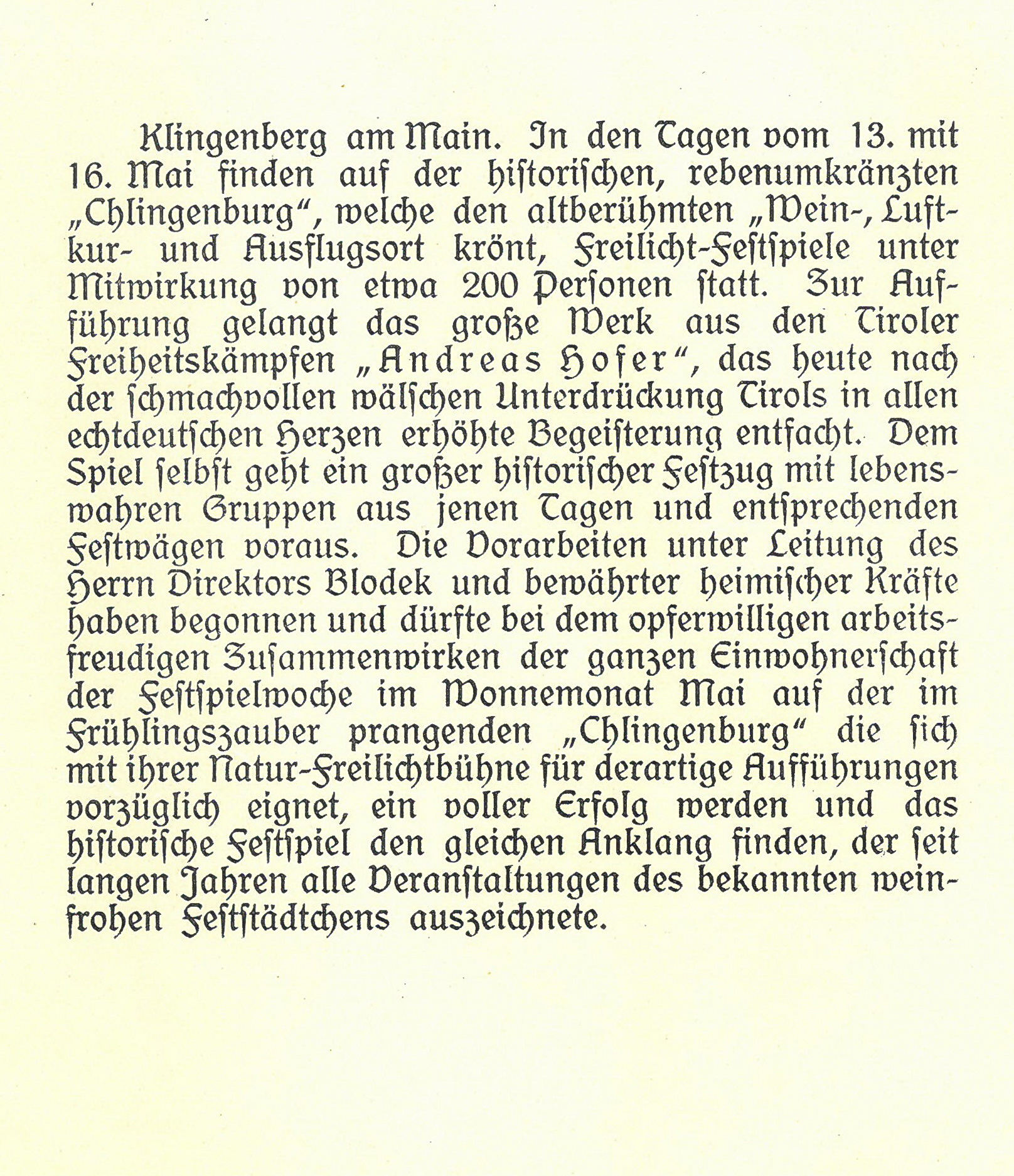 Pressetext für die Andreas-Hofer-Festspiele 1926