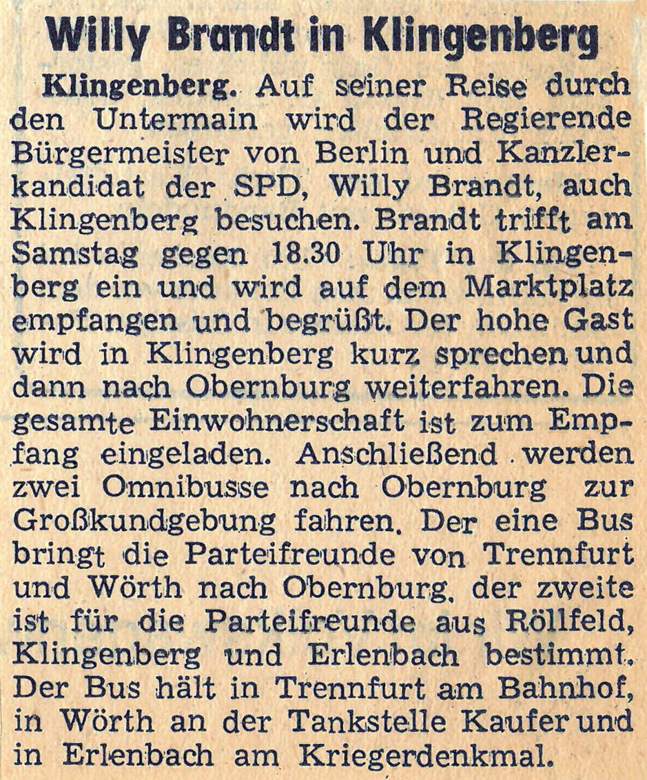 Zeitungsartikel von 1961 zum Besuch von Willy Brandt
