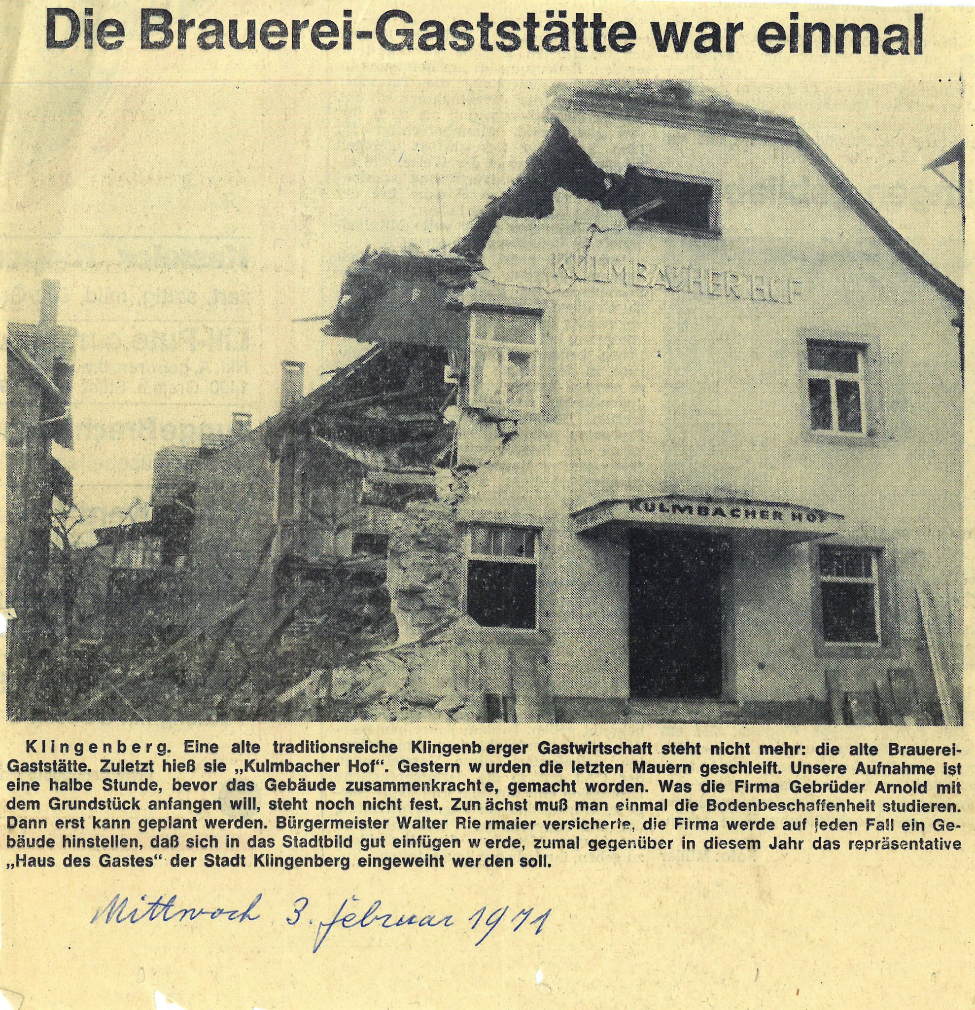 Abriss der Brauereigaststätte im Jahr 1971