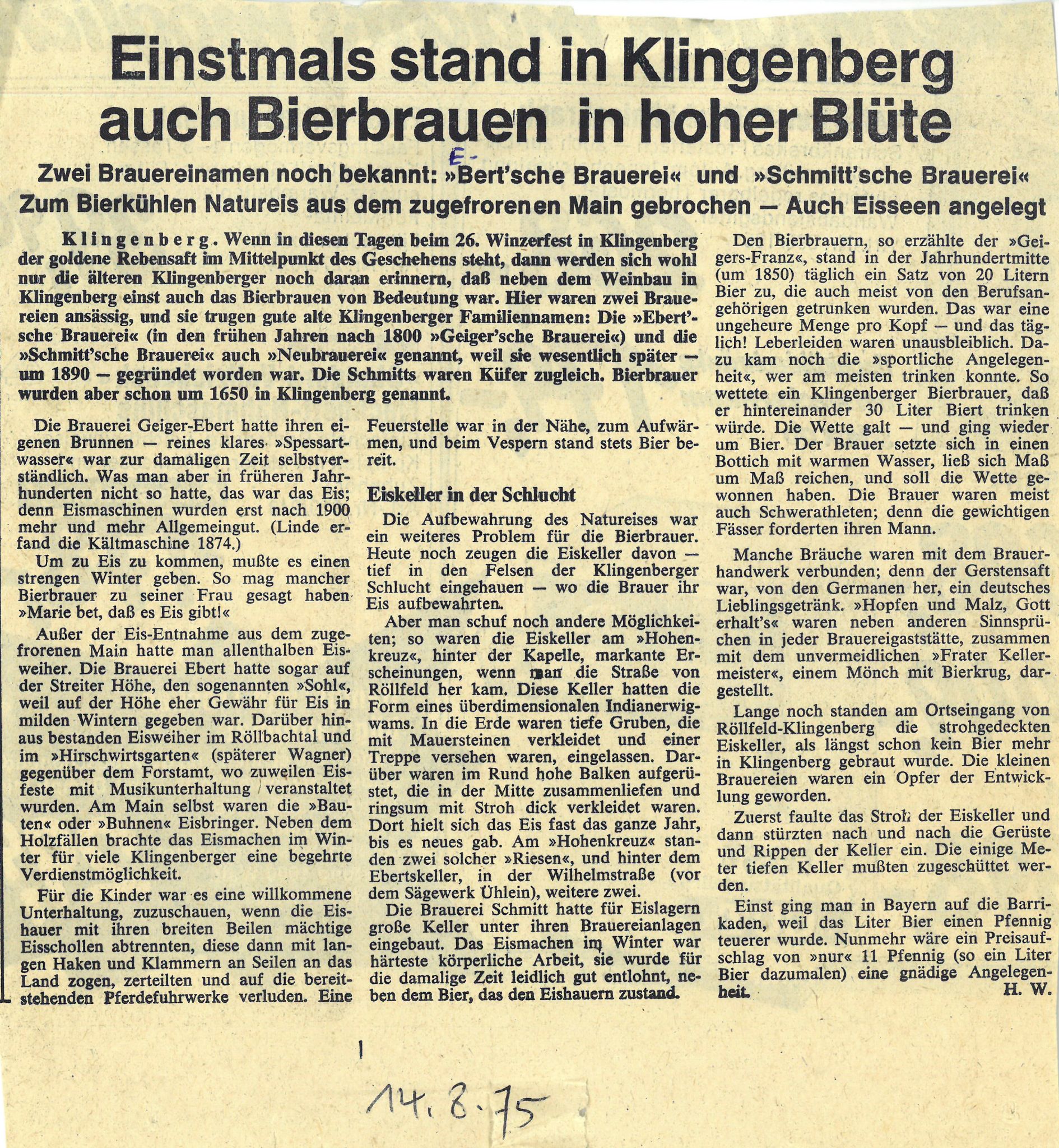 Zeitungsbericht über das Bierbrauen in Klingenberg aus dem Jahr 1975