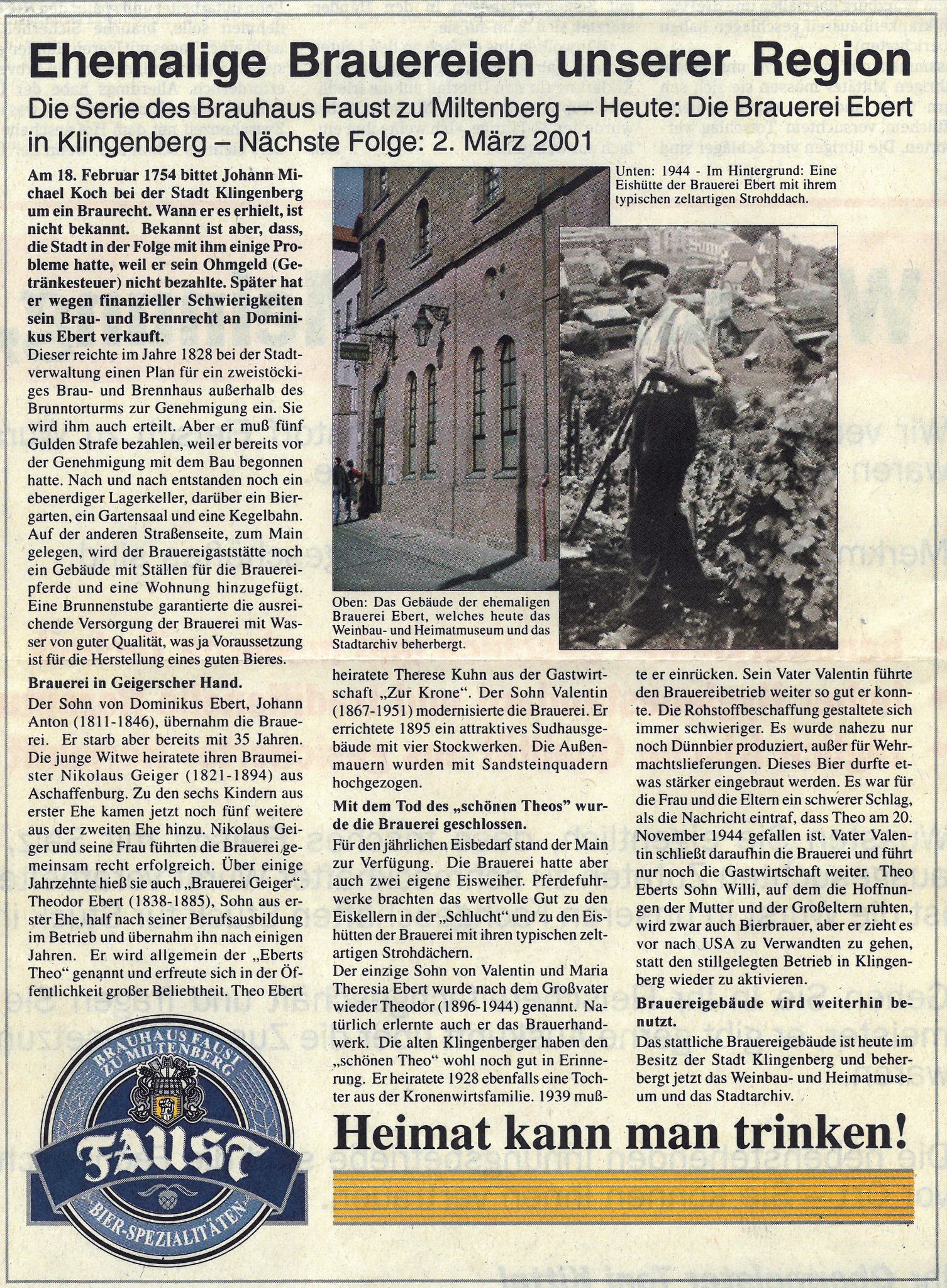 Zeitungsbericht (Brauereienserie) der Brauerei Faust zur Brauerei Ebert