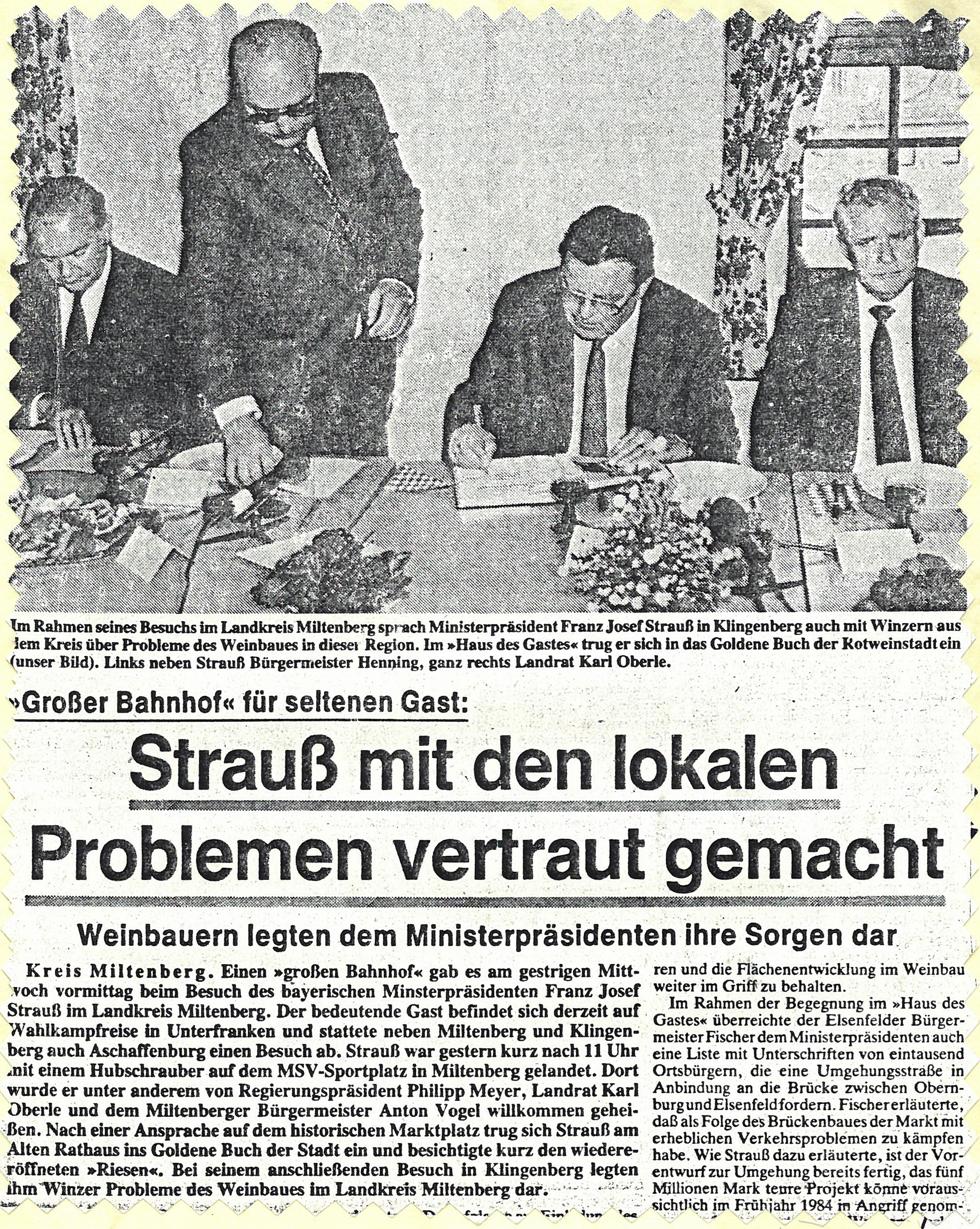 Zeitungsbericht zum Besuch des Bayerischen Ministerpräsidenten Franz Josef Strauß