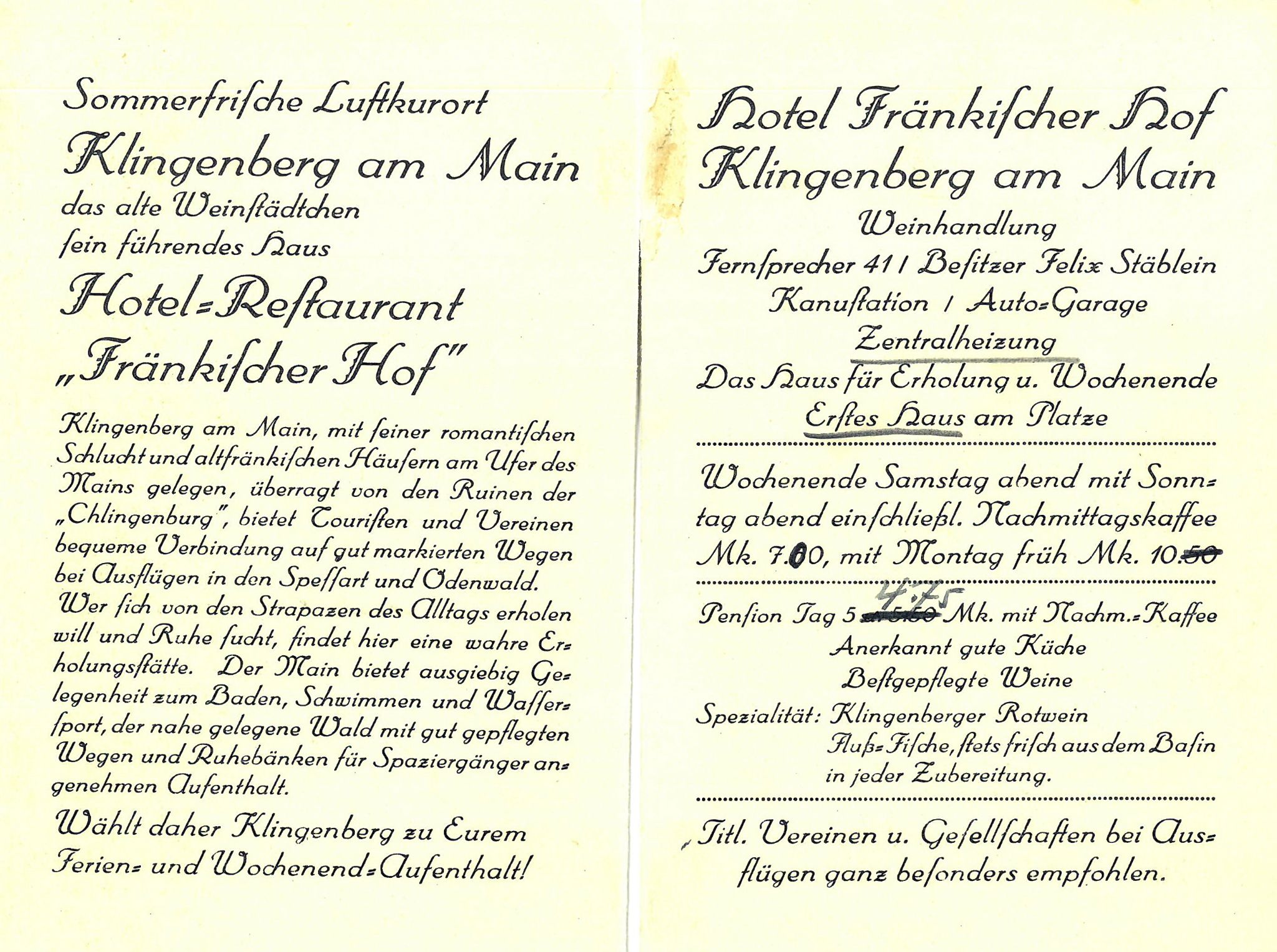 Die Lindenstraße mit dem Fränkischen Hof ca. 1930 - Rückseite der Faltansichtskarte