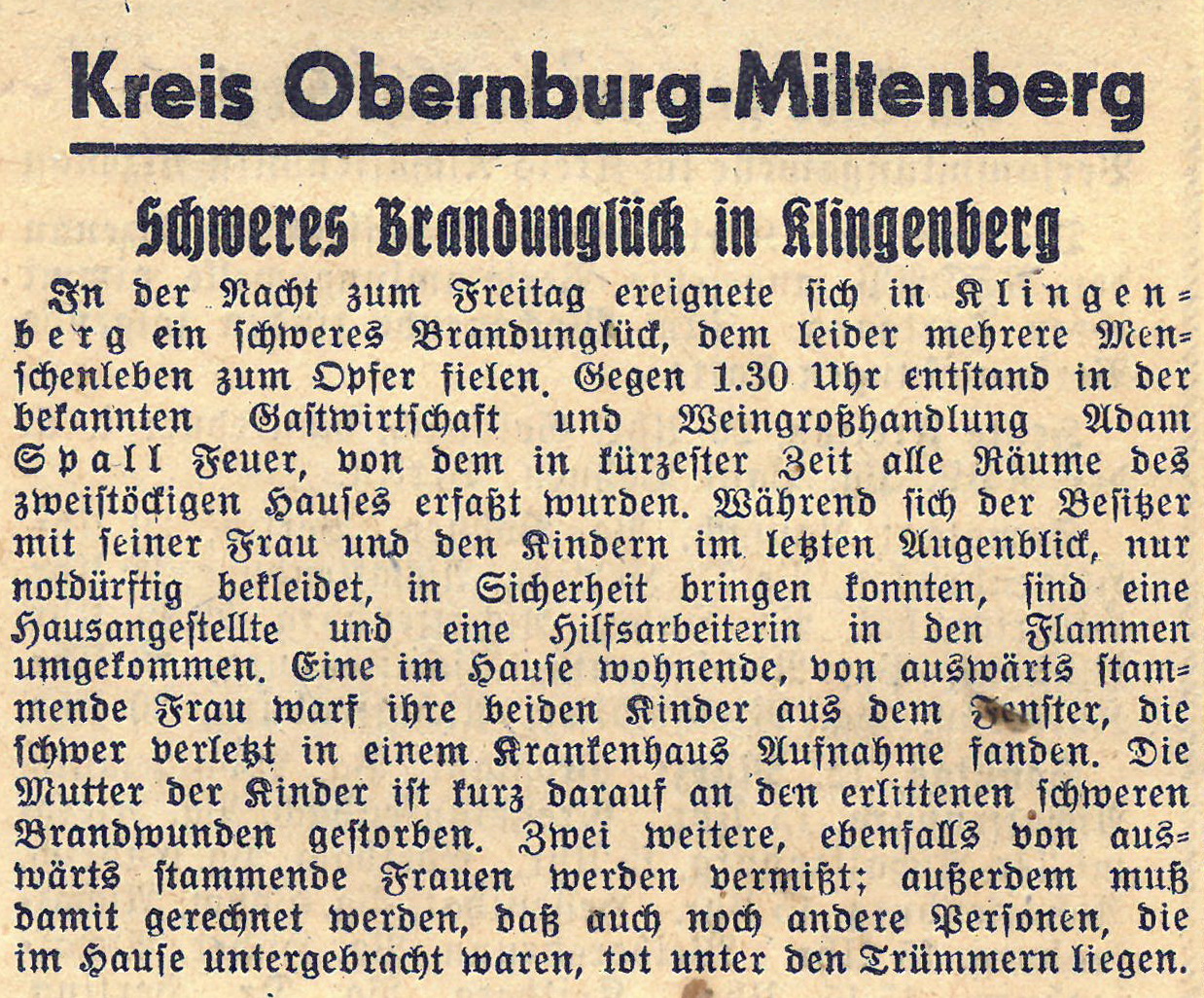 Zeitungsbericht zum Brand im Goldenen Fass