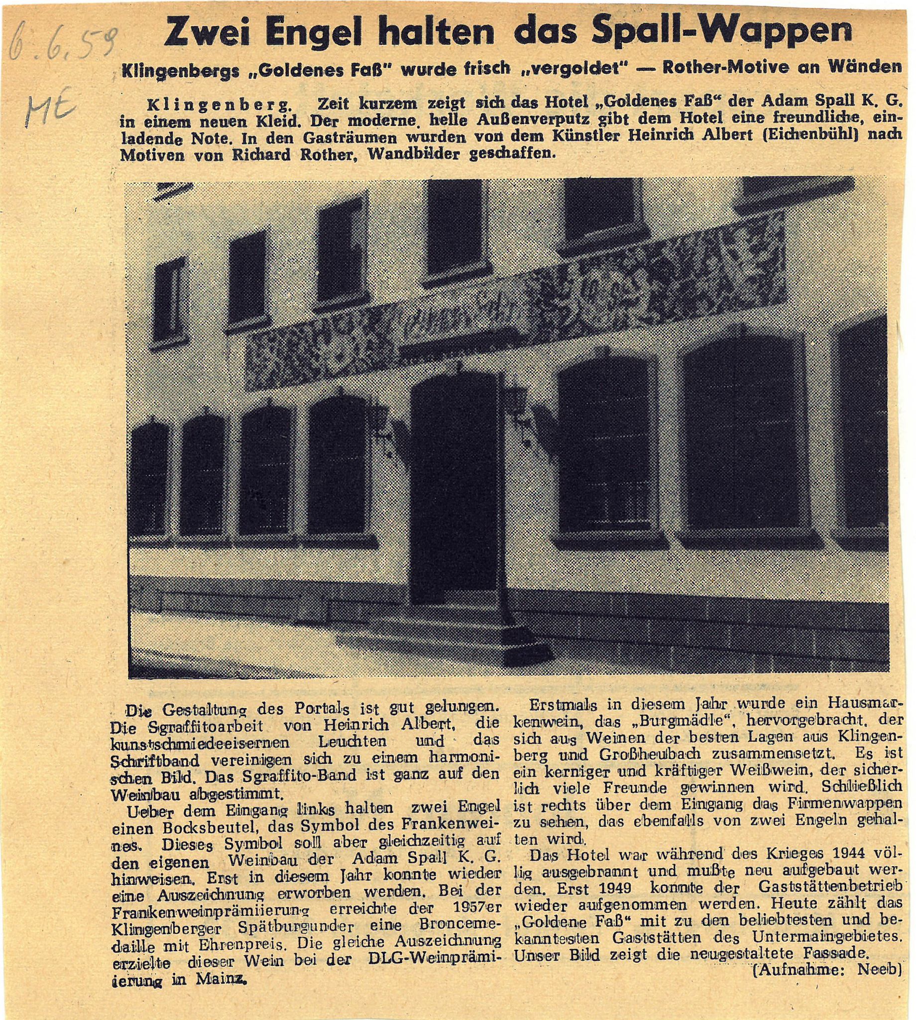 Zeitungsartikel zur Neugestaltung des Gasthauses Goldenes Fass 1959