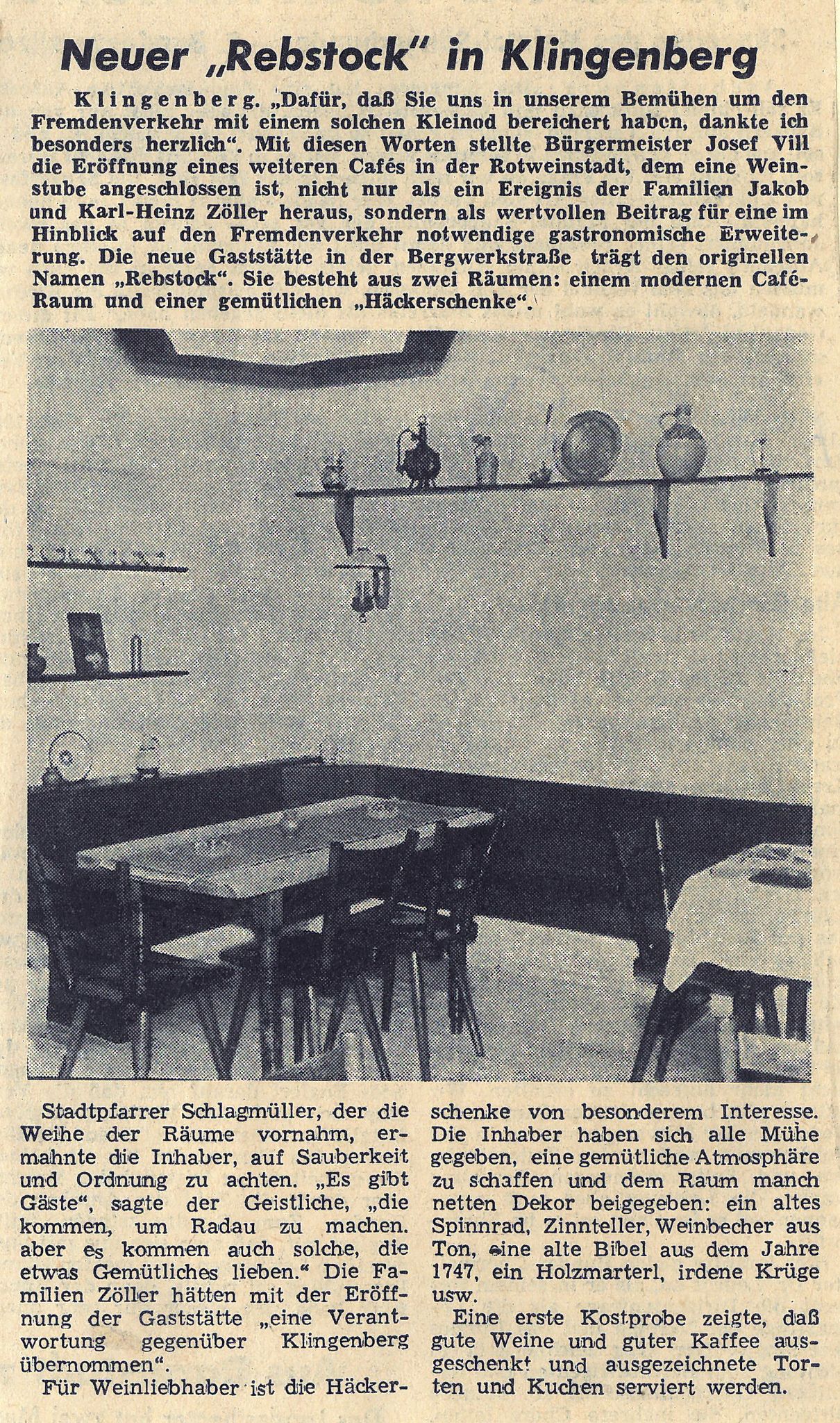 Zeitungsbericht zur Neueröffnung der Gaststätte Rebstock