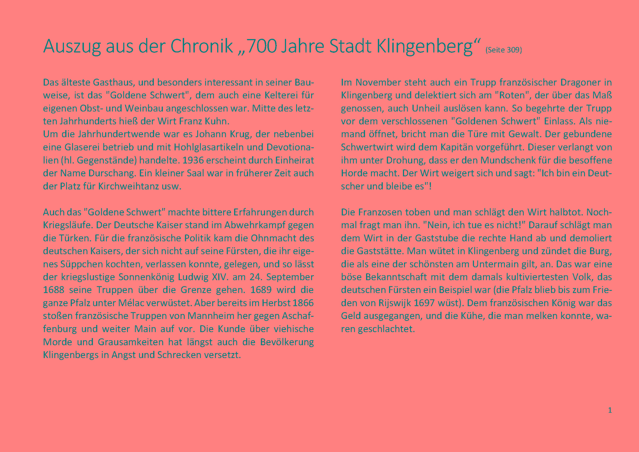 Auszug aus der Chronik "700 Jahre Stadt Klingenberg"