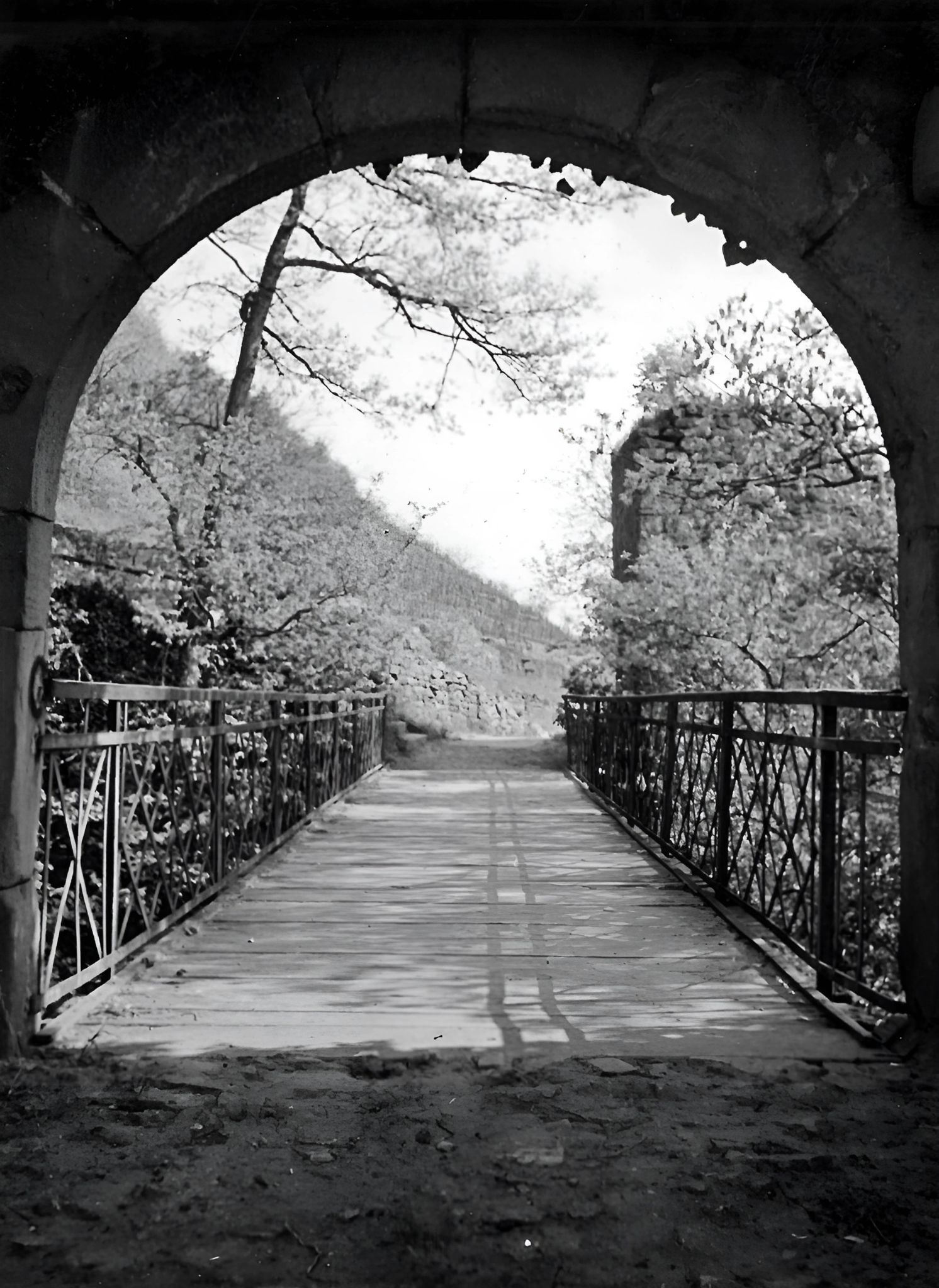Blick durch das südliche Eingangstor auf die Brücke der Clingenburg