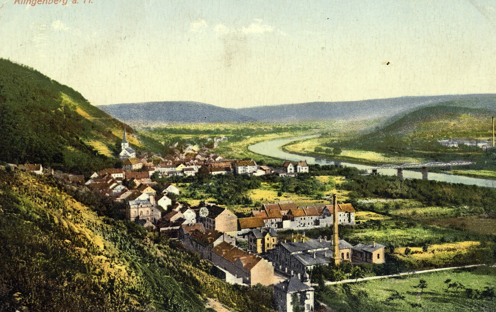 Ansichtskarte coloriert, Stadtansicht mit Elektrizitätswerk