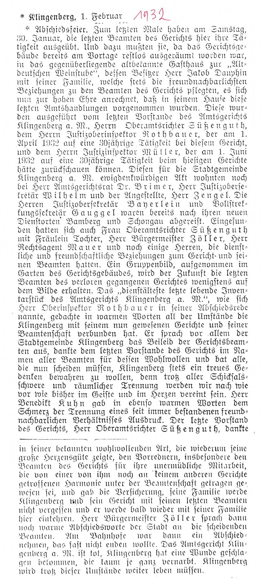 Zeitungsartikel zum Abschiedsbild der Amtsgerichtsdiener im Jahr 1932