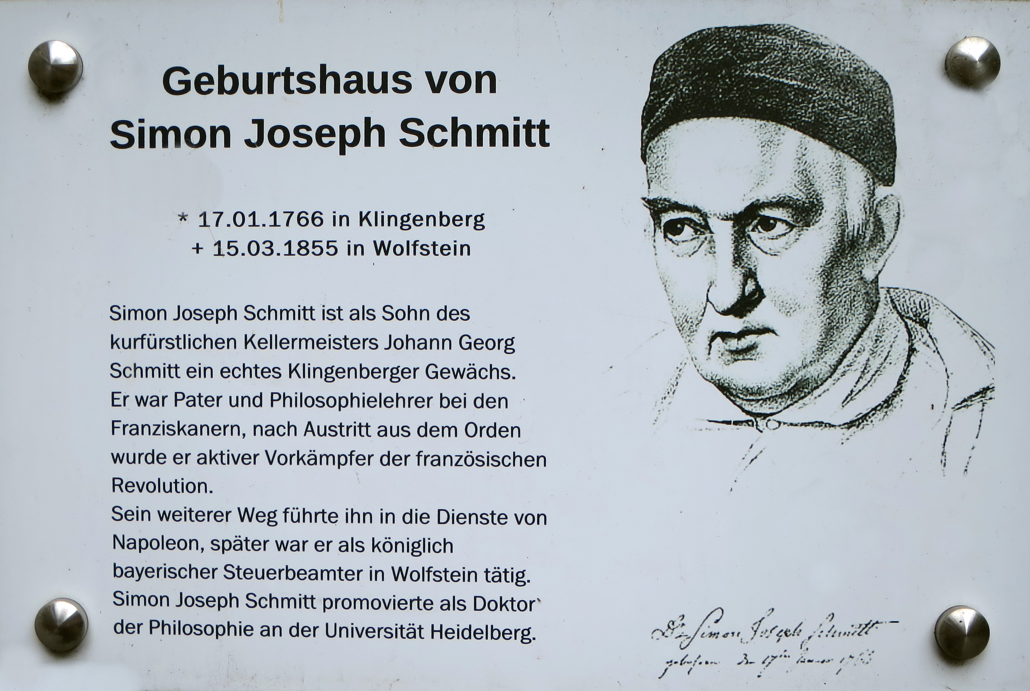 Hinweistafel zum Geburtshaus von Simon Josepf Schmitt