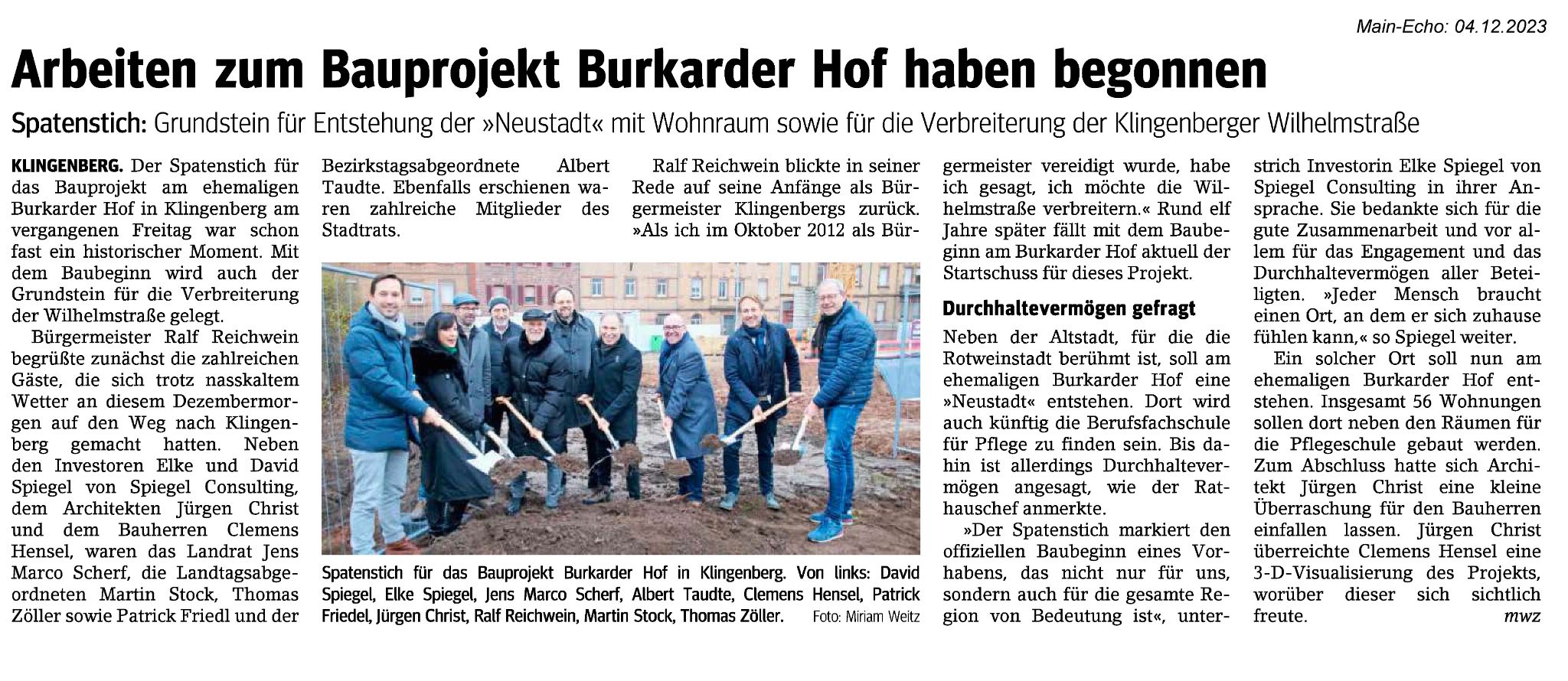Zeitungsbericht zum Spatenstich "ehem. Burkarder Hof"