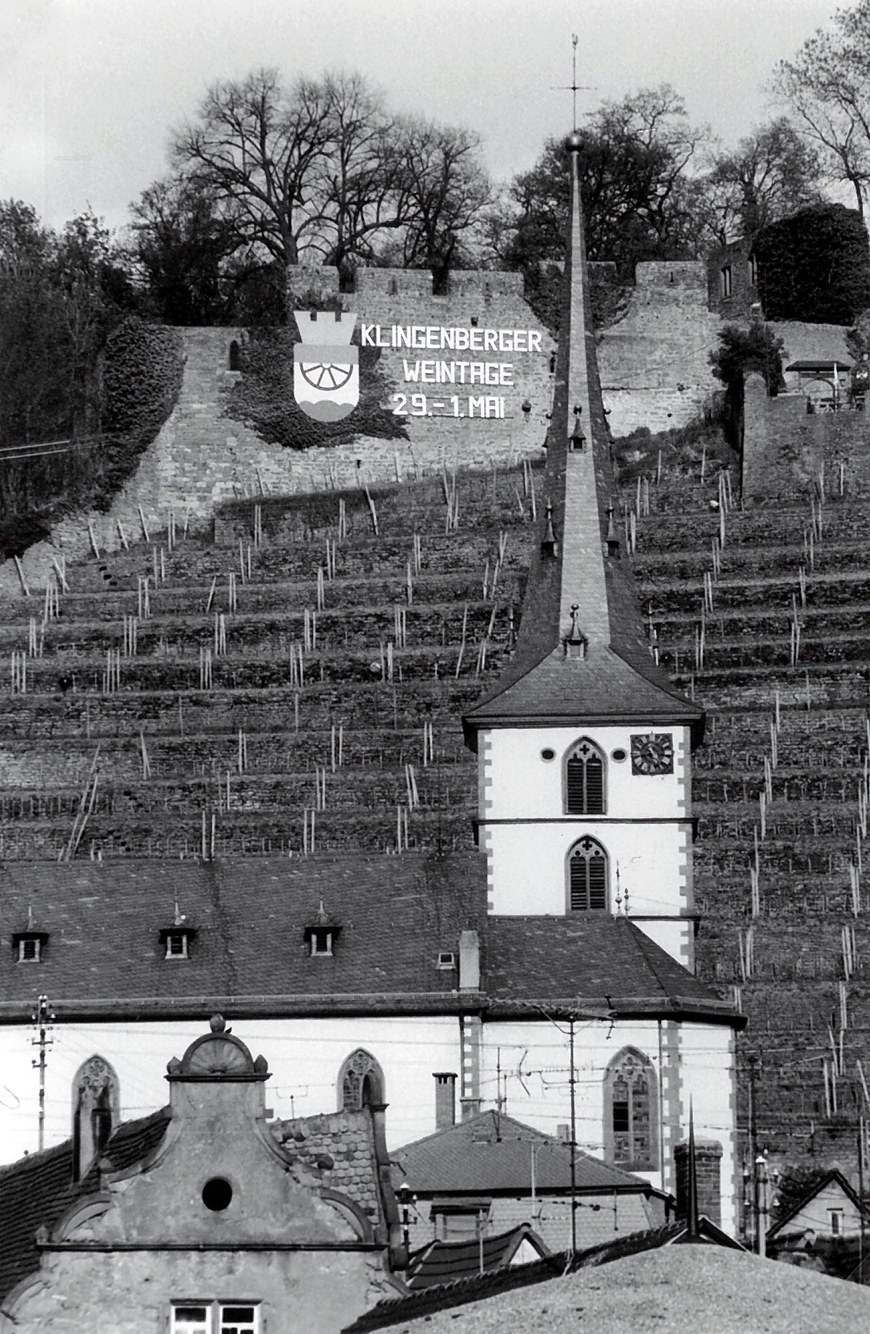 Blick vom Maindamm zur Kirche und Clingenburg