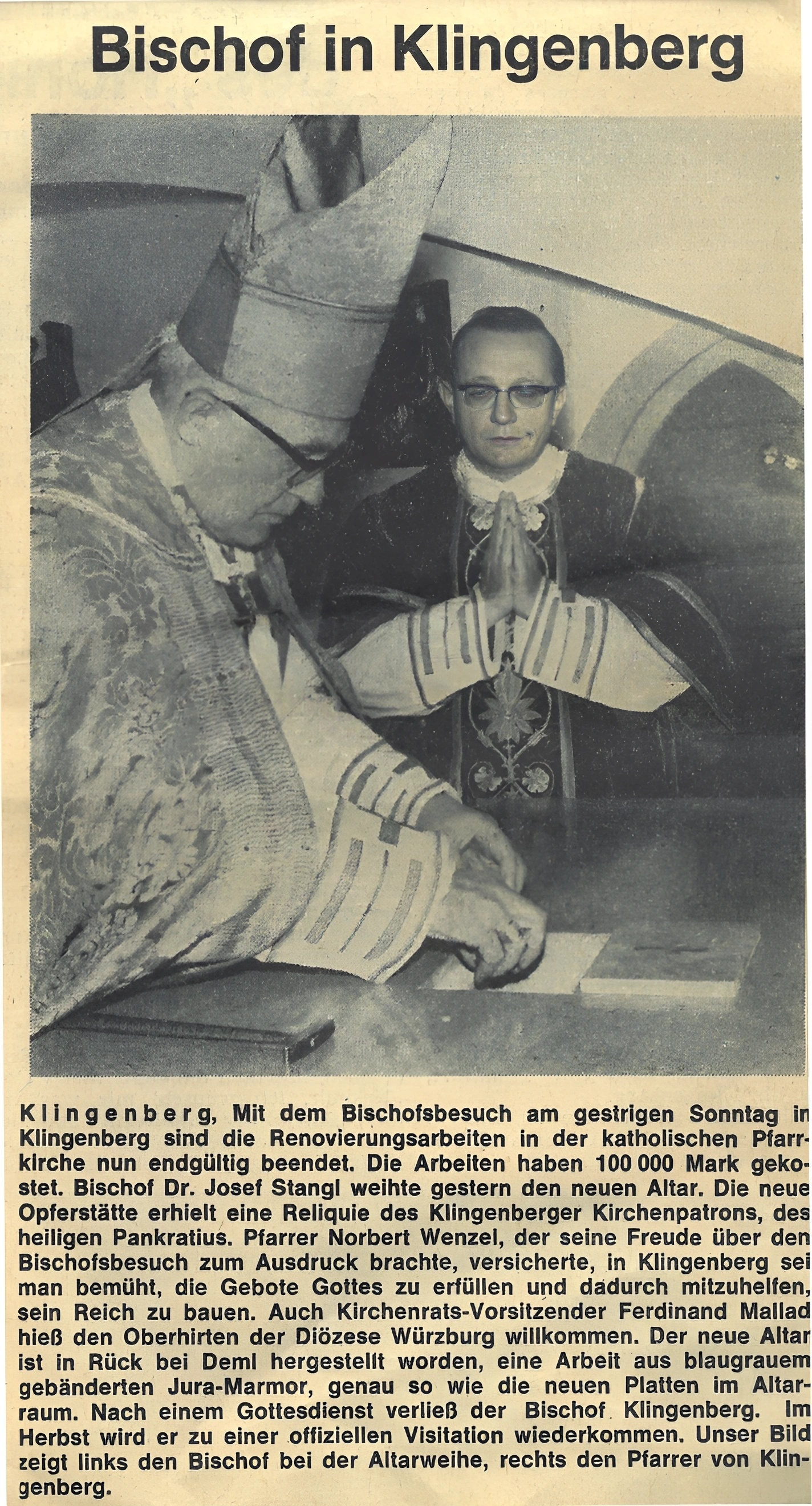 Zeitungsbericht zur Einweihung des neuen Altars am 16.01.1972 durch Bischof Dr. Josef Stangl