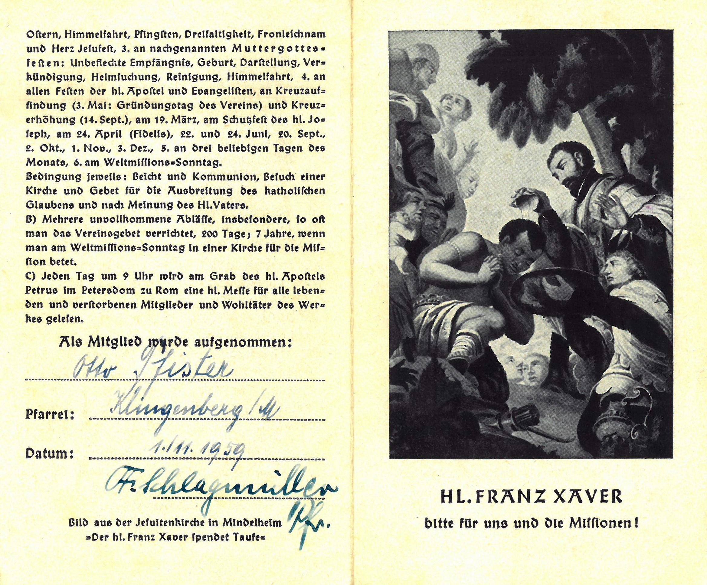 Aufnahmeschein in den Ludwig Missionsverein 1959 Rückseite Otto Pfister