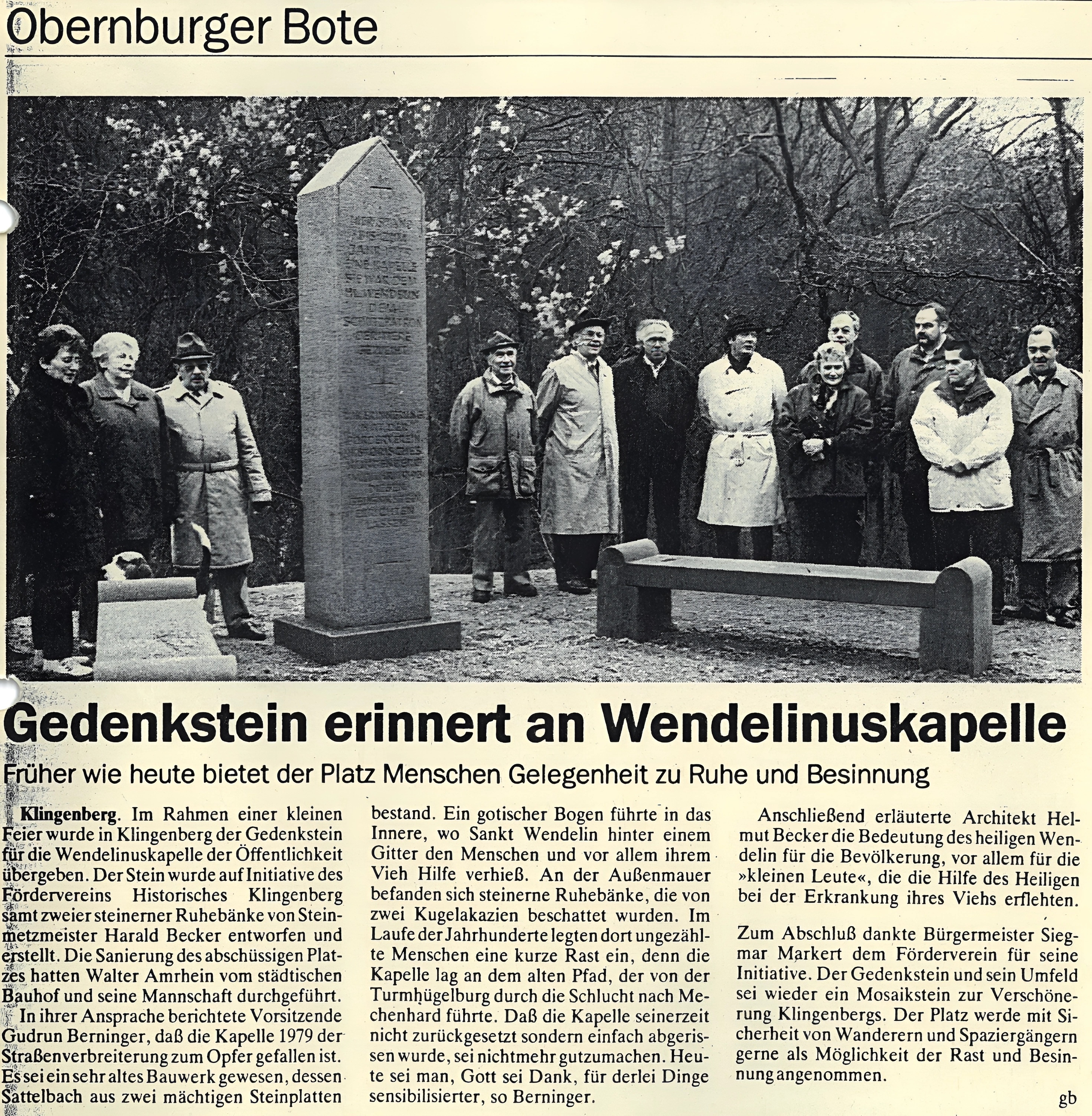 Zeitungsbericht zur Errichtung des Gedenksteins vom 13.12.1994