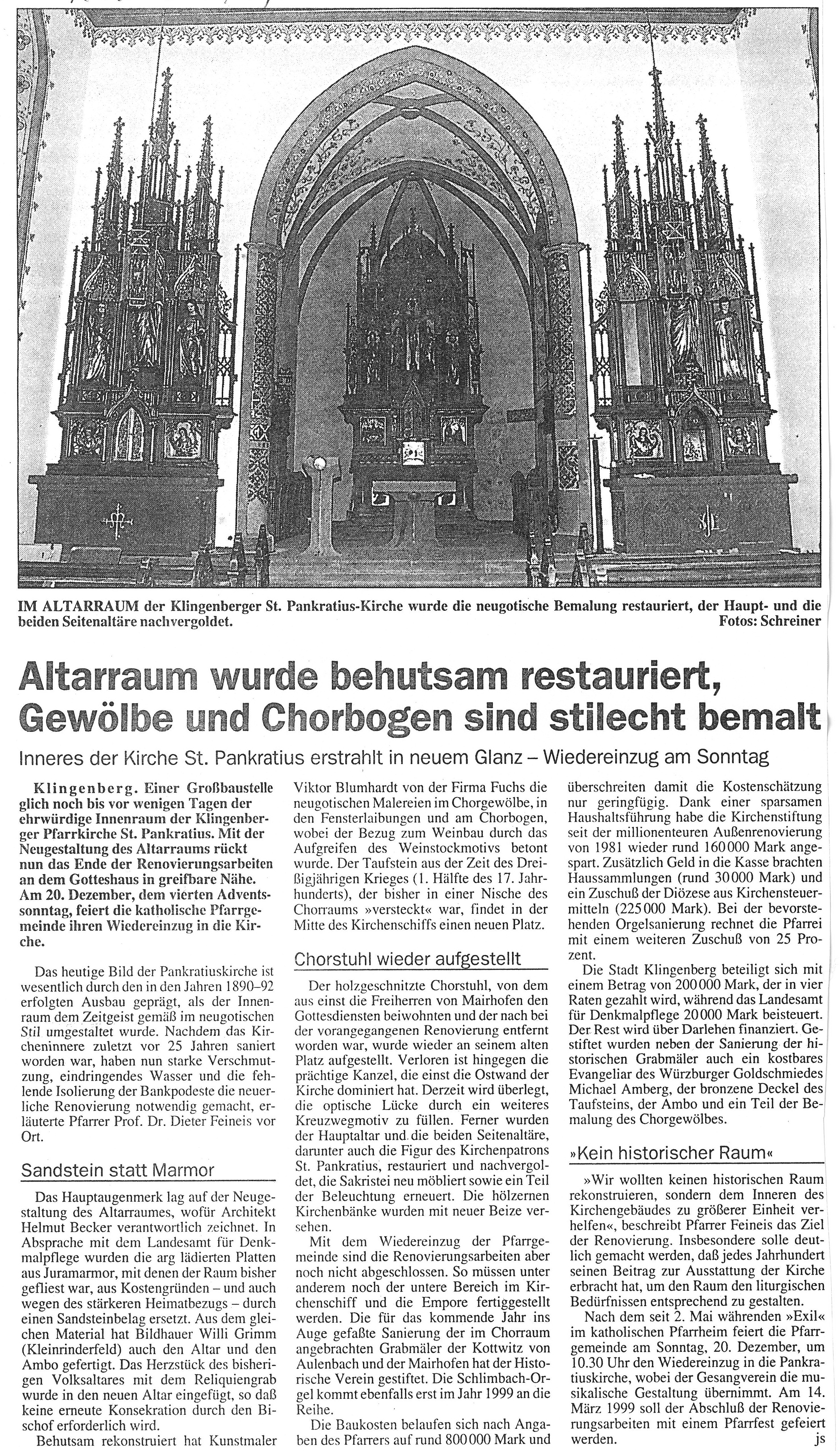 Zeitungsbericht zur Renovierung der Pfarrkirche St. Pankratius