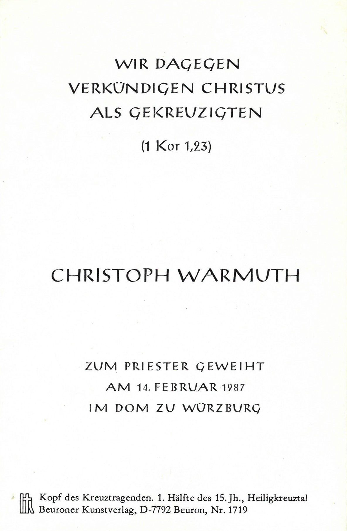 Andenkenkarte an die Primiz von Christoph Warmuth