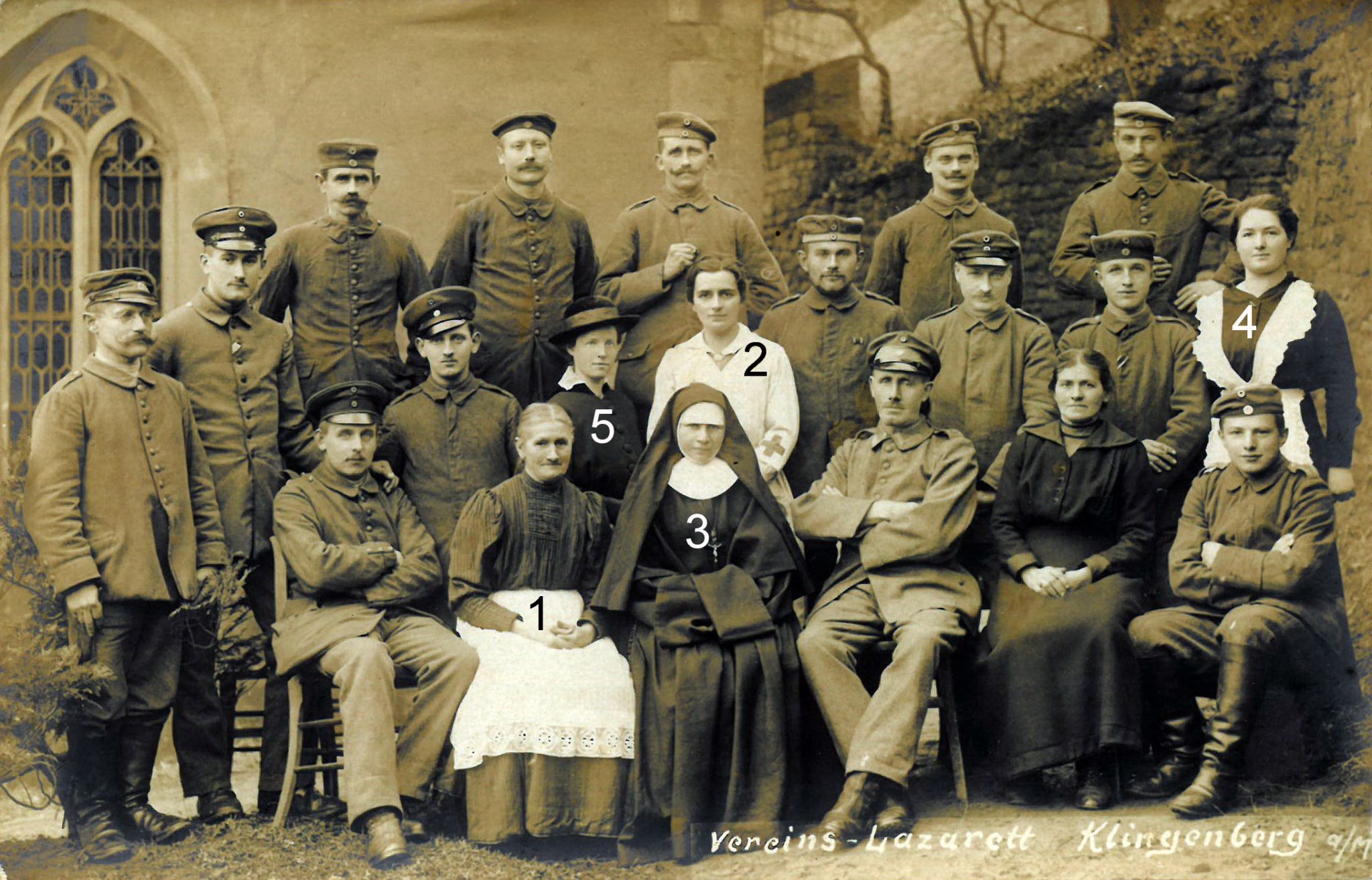 Gruppenfoto im Garten der Pfarrkirche St. Pankratius in Klingenberg 1914 (teilweise mit Namen)