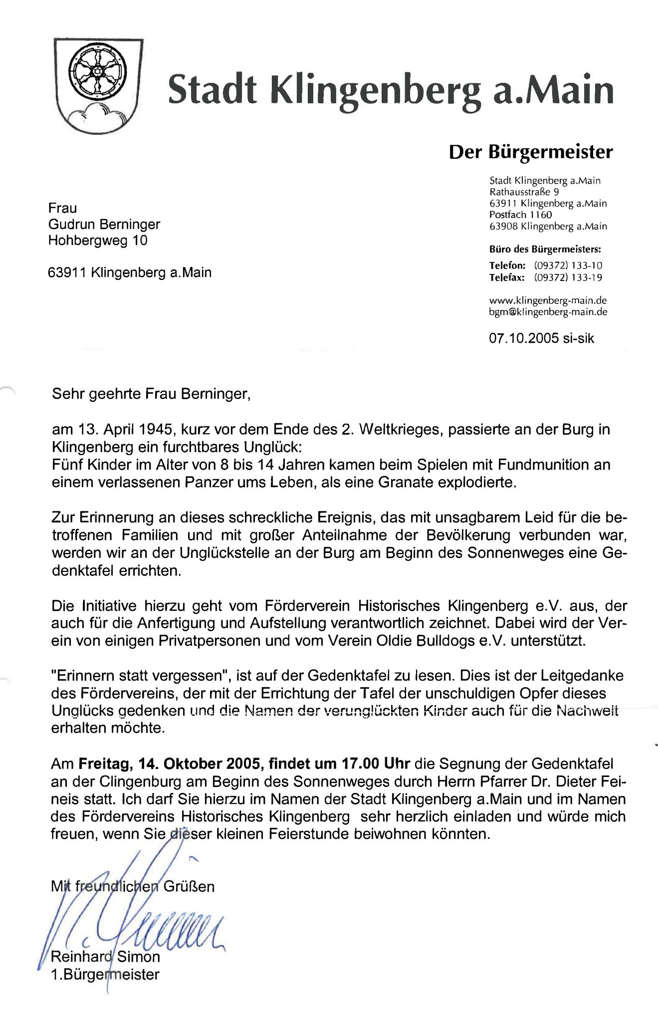 Einladungsschreiben zur Segnung des Gedenksteins am 14. Oktober 2005