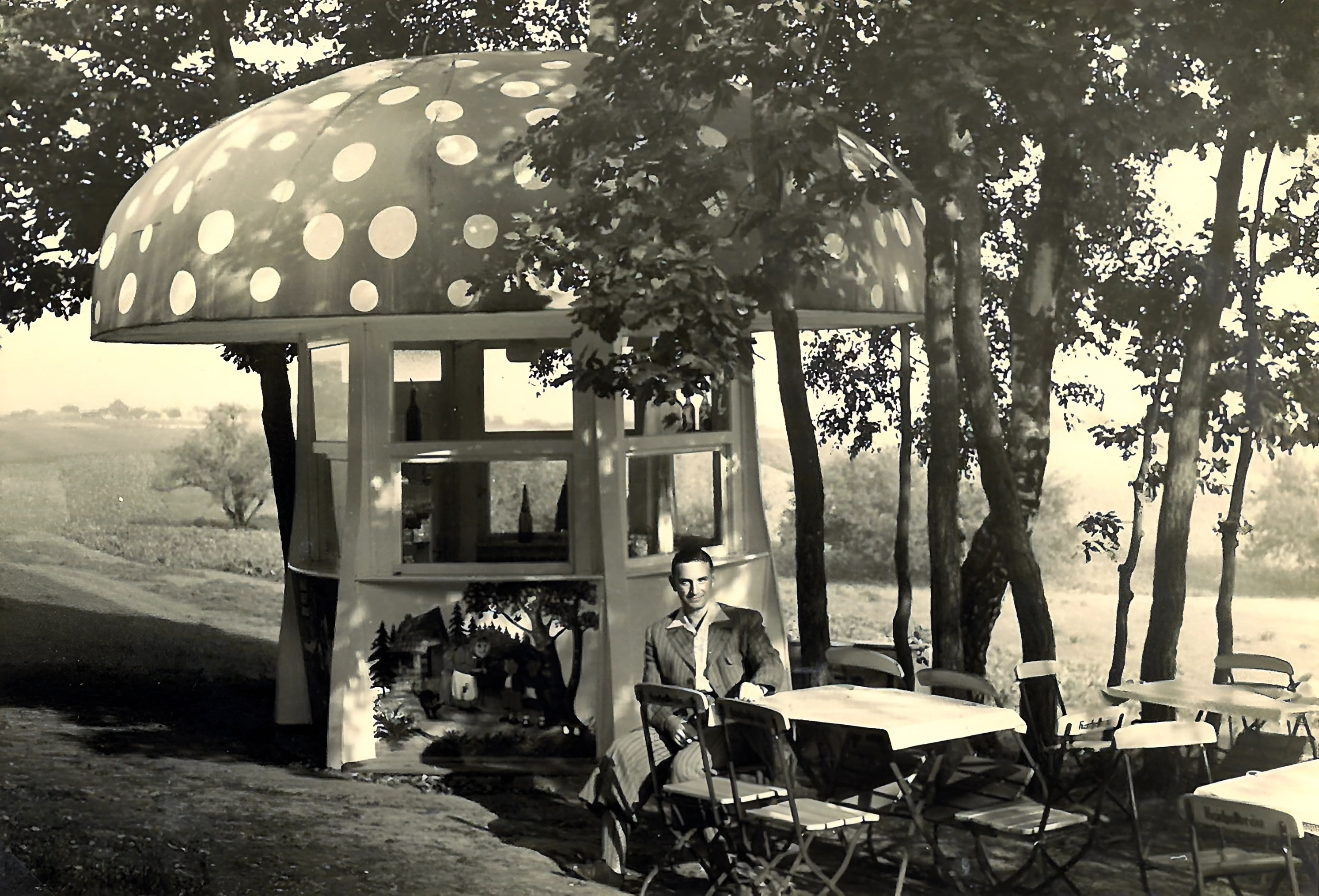 Fliegenpilz und Wald Café im September 1955