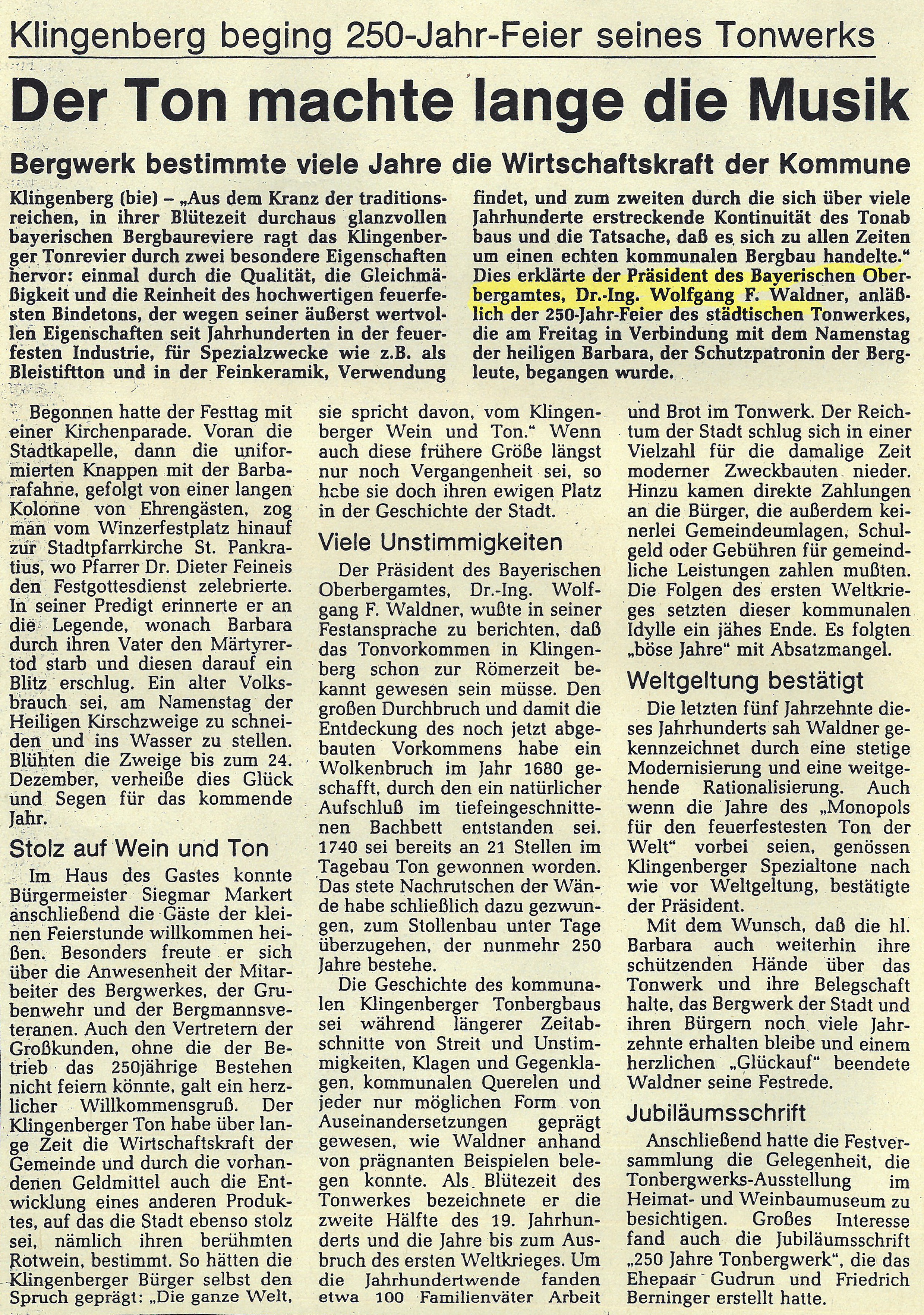 Zeitungsbericht zur 250 Jahrfeier des Tonbergwerks