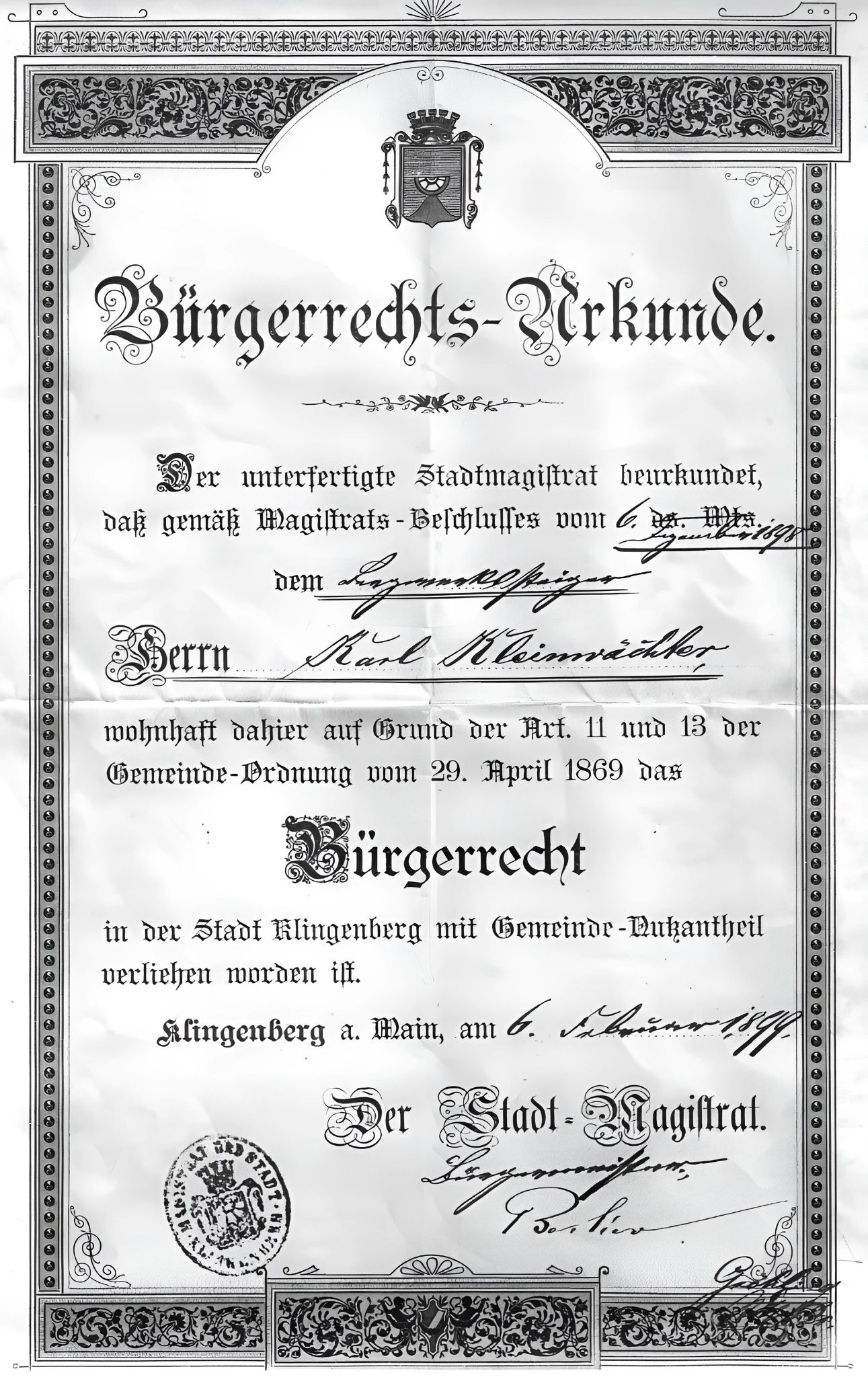 Bürgerrechtsurkunde für den Bergwerksteiger Karl Kleinwächter vom 6. Februar 1899