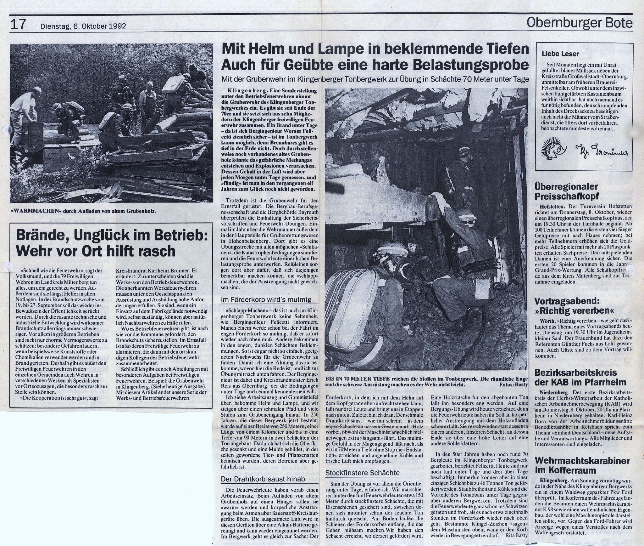 Zeitungsbericht zur Grubenwehr vom 6. Oktober 1992