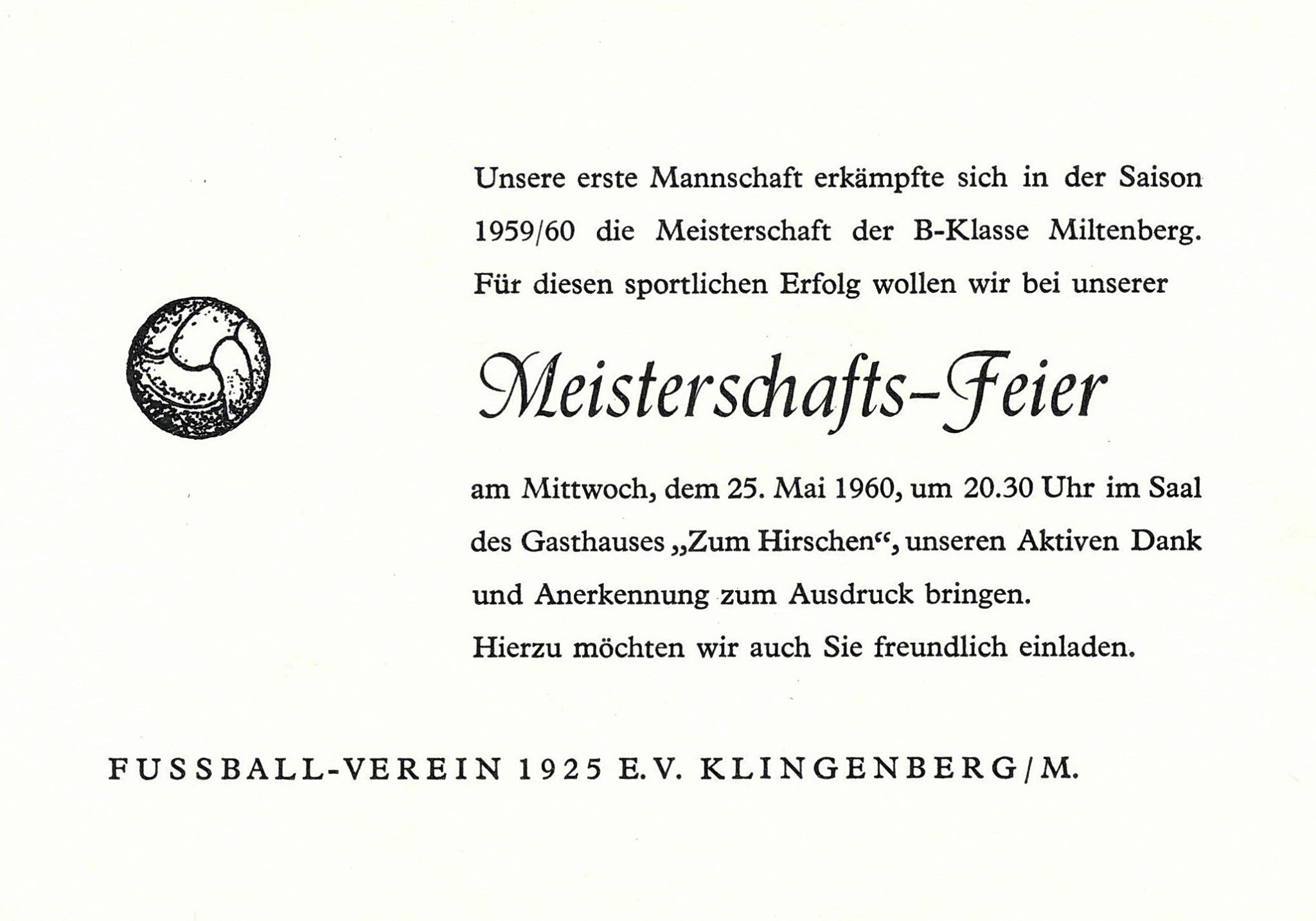 Einladung zur Meisterschaftsfeier 1960
