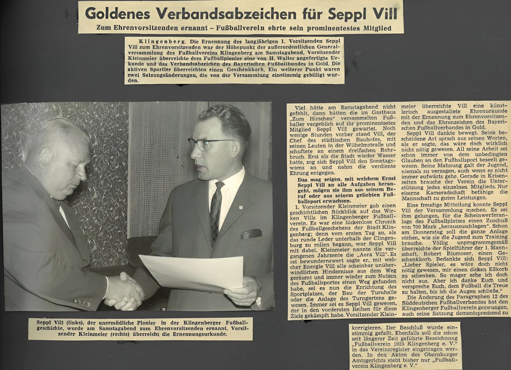 Zeitungsbericht zur Ernennung von Seppl Vill zum Ehrenvorsitzenden